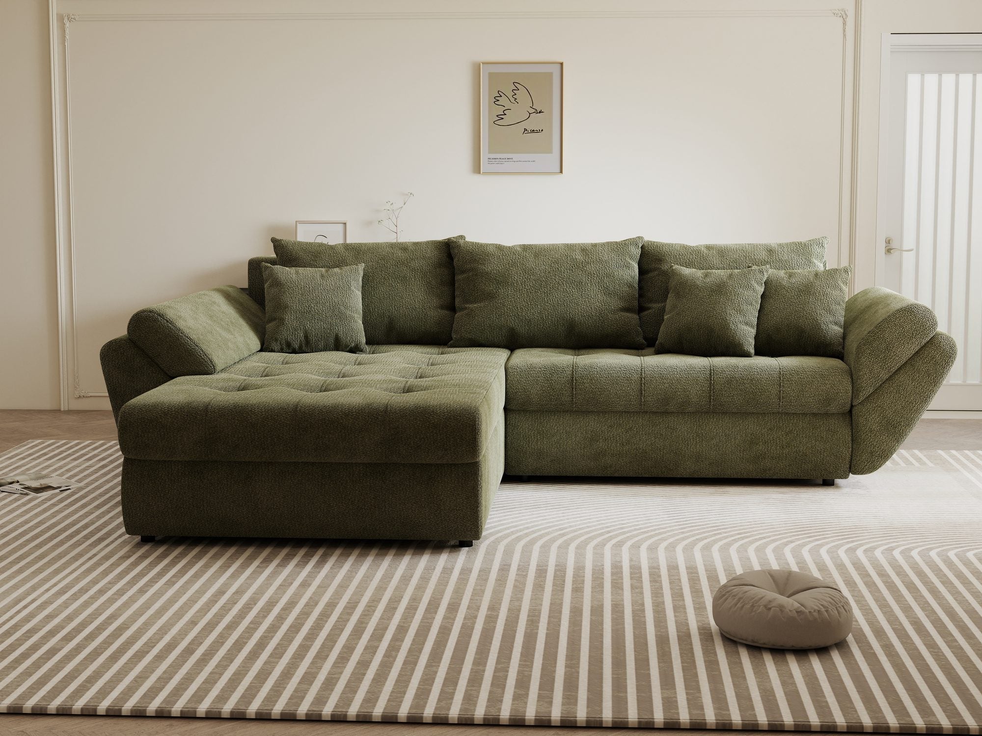 dumonde kihúzható sarokkanapé tárolórekesszel és kényelmes, nagy sűrűségű habszivacs ülőrésszel, Loana Vibe Olive 270x185 cm