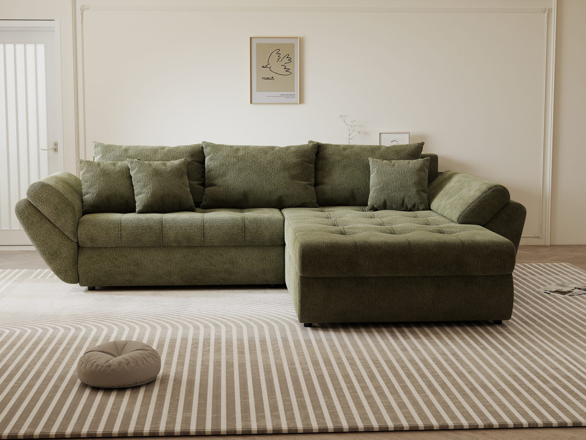 dumonde kihúzható sarokkanapé tárolórekesszel és kényelmes, nagy sűrűségű habszivacs ülőrésszel, Loana Vibe Olive II 270x185 cm