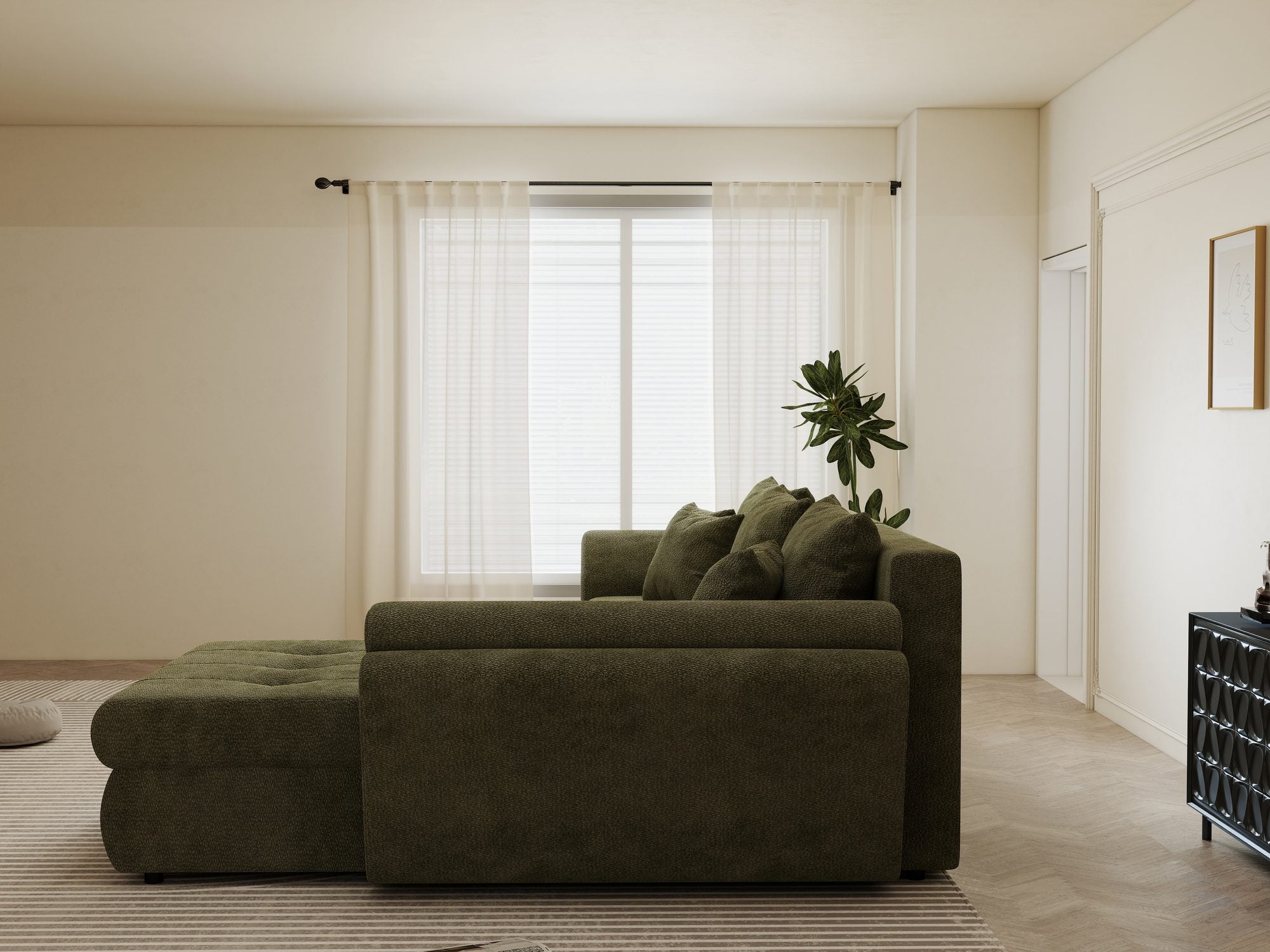 dumonde kihúzható sarokkanapé tárolórekesszel és kényelmes, nagy sűrűségű habszivacs ülőrésszel, Loana Vibe Olive II 270x185 cm