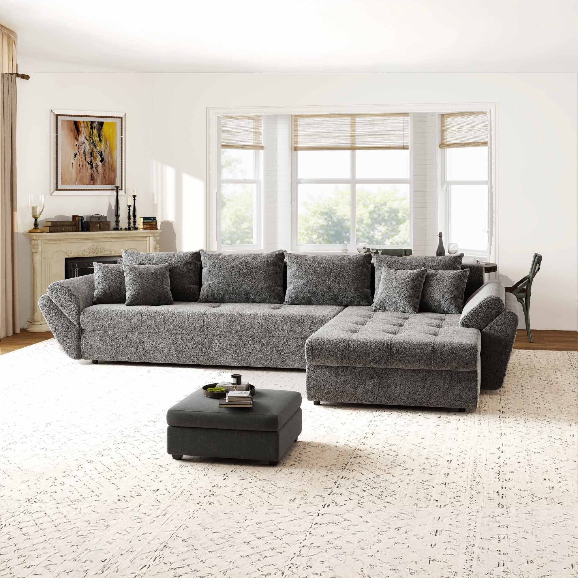 Colțar extensibil dumonde cu ladă de depozitare si sezut confortabil din spuma high-density, Loana XL Arena Gri Grafit II 335x185 cm
