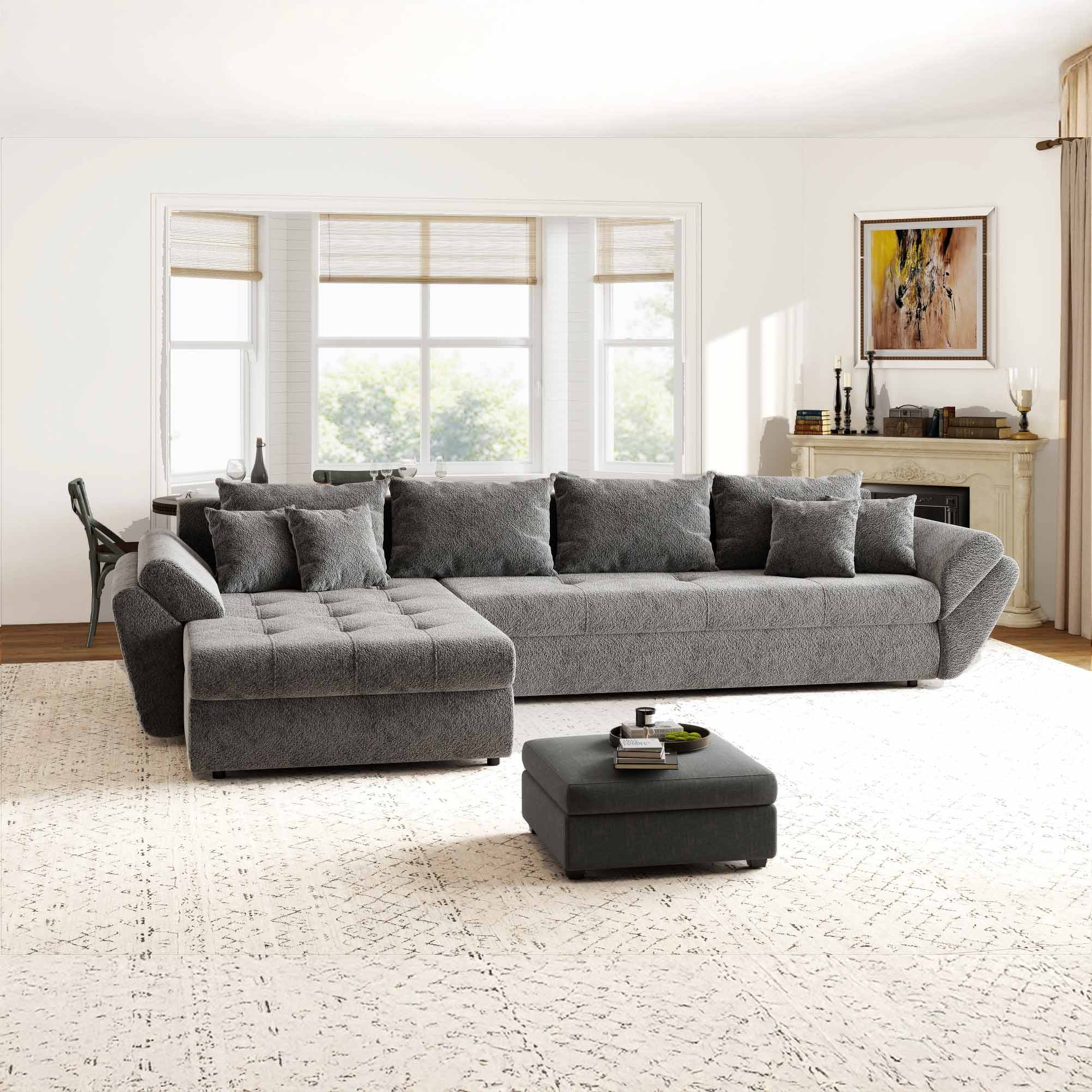 Colțar extensibil dumonde cu ladă de depozitare si sezut confortabil din spuma high-density, Loana XL Arena Gri Grafit 335x185 cm