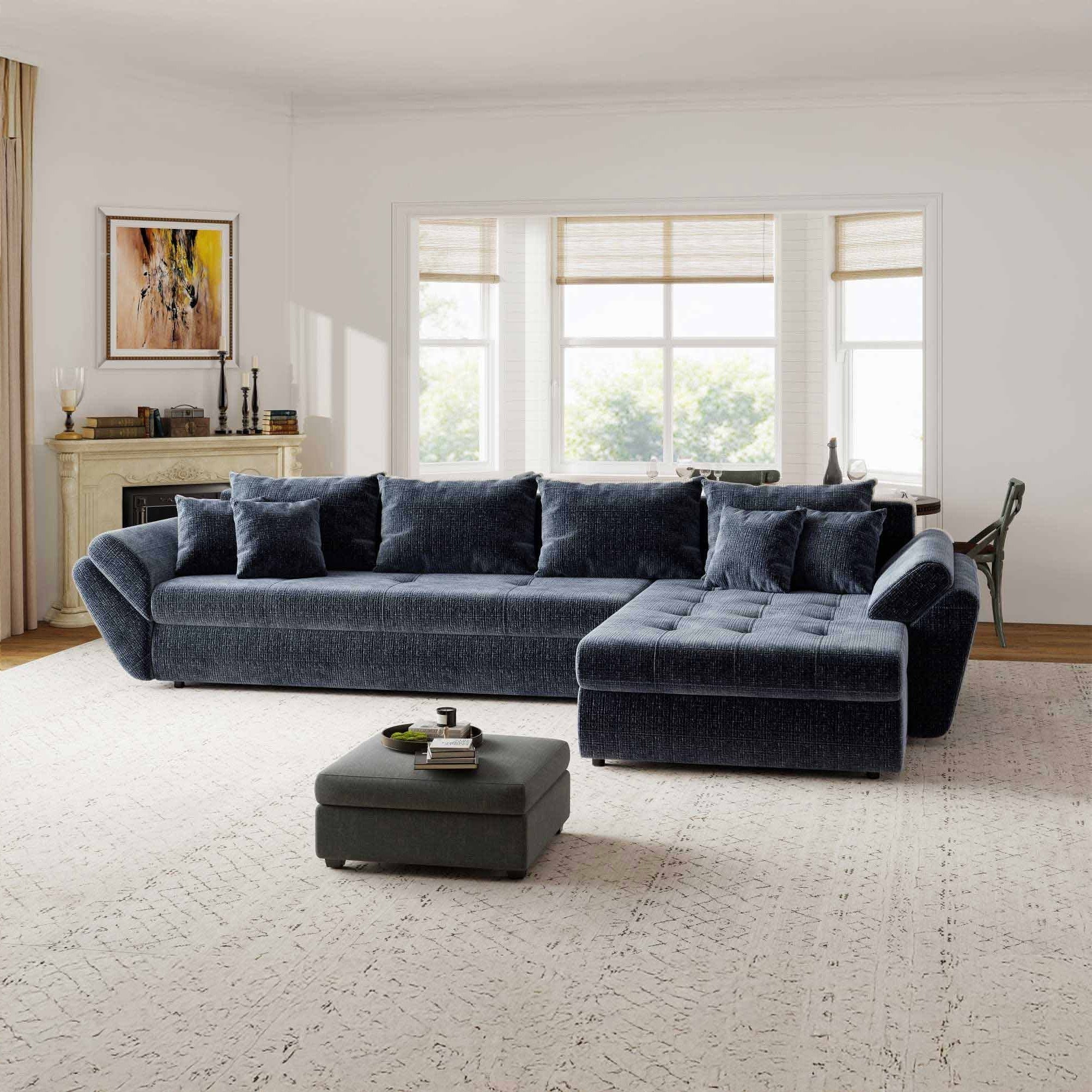 Colțar extensibil dumonde cu ladă de depozitare si sezut confortabil din spuma high-density, Loana XL Cremona Albastru II 335x185 cm