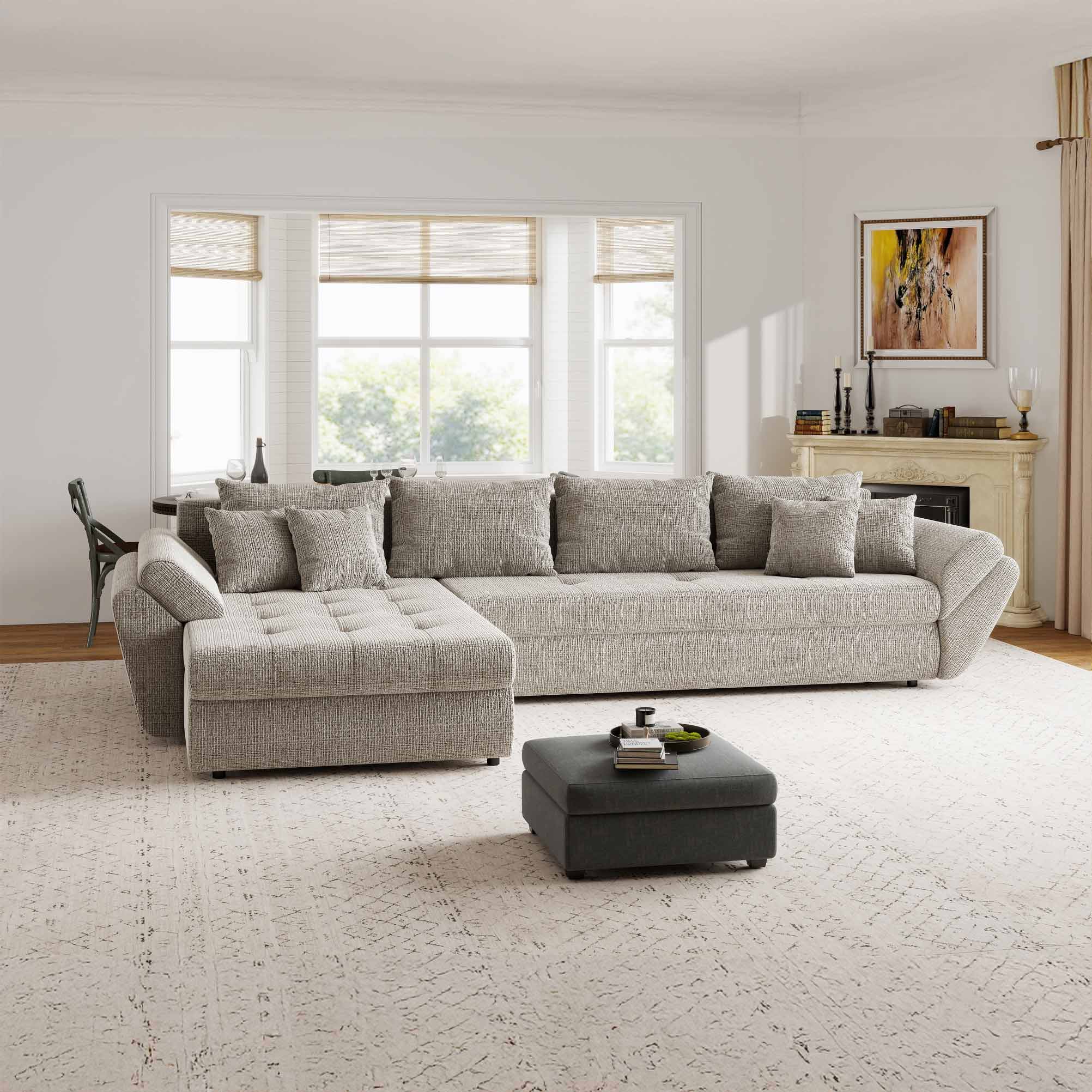 Colțar extensibil dumonde cu ladă de depozitare si sezut confortabil din spuma high-density, Loana XL Cremona Bej 14 335x185 cm