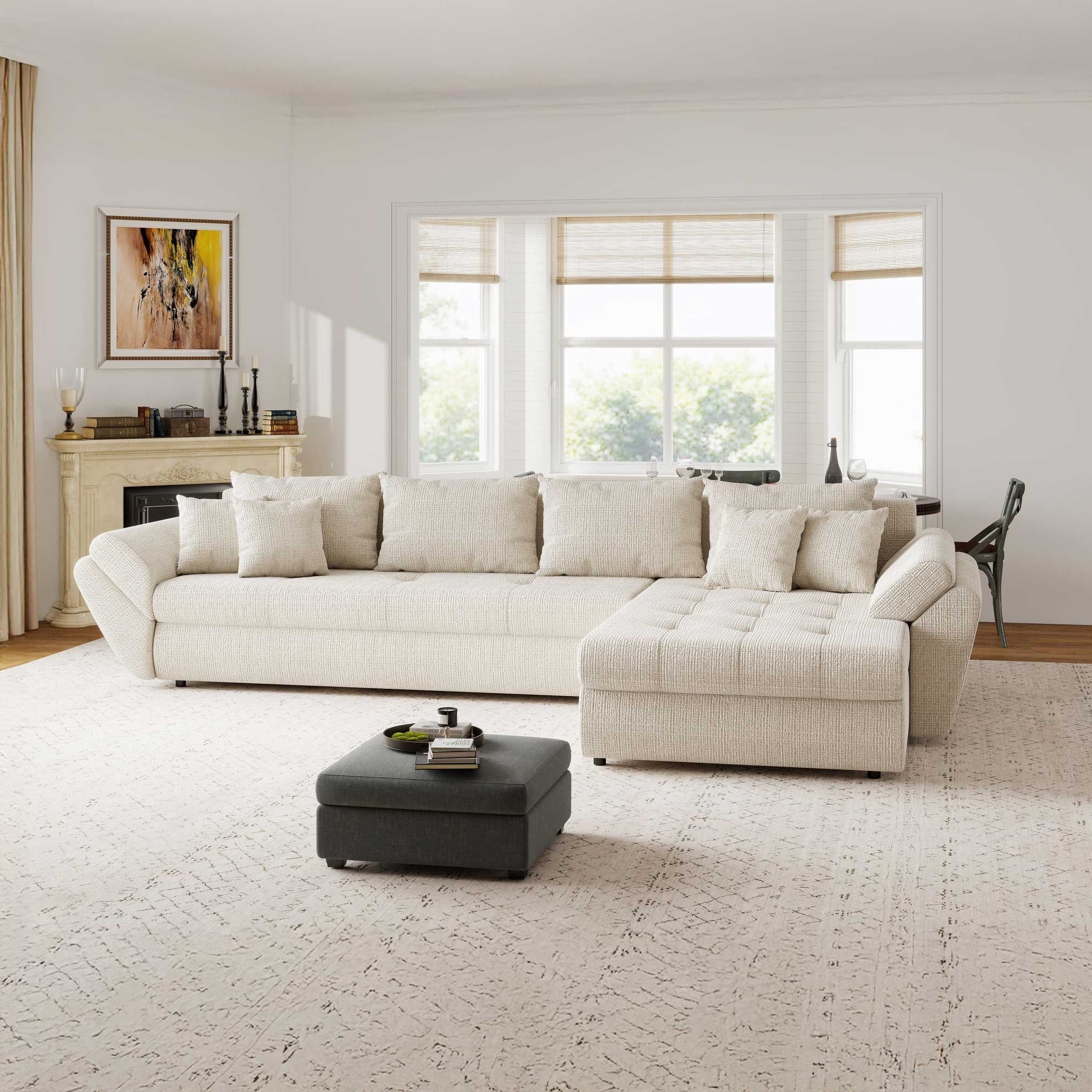 Colțar extensibil dumonde cu ladă de depozitare si sezut confortabil din spuma high-density, Loana XL Cremona Gri Deschis II 335x185 cm