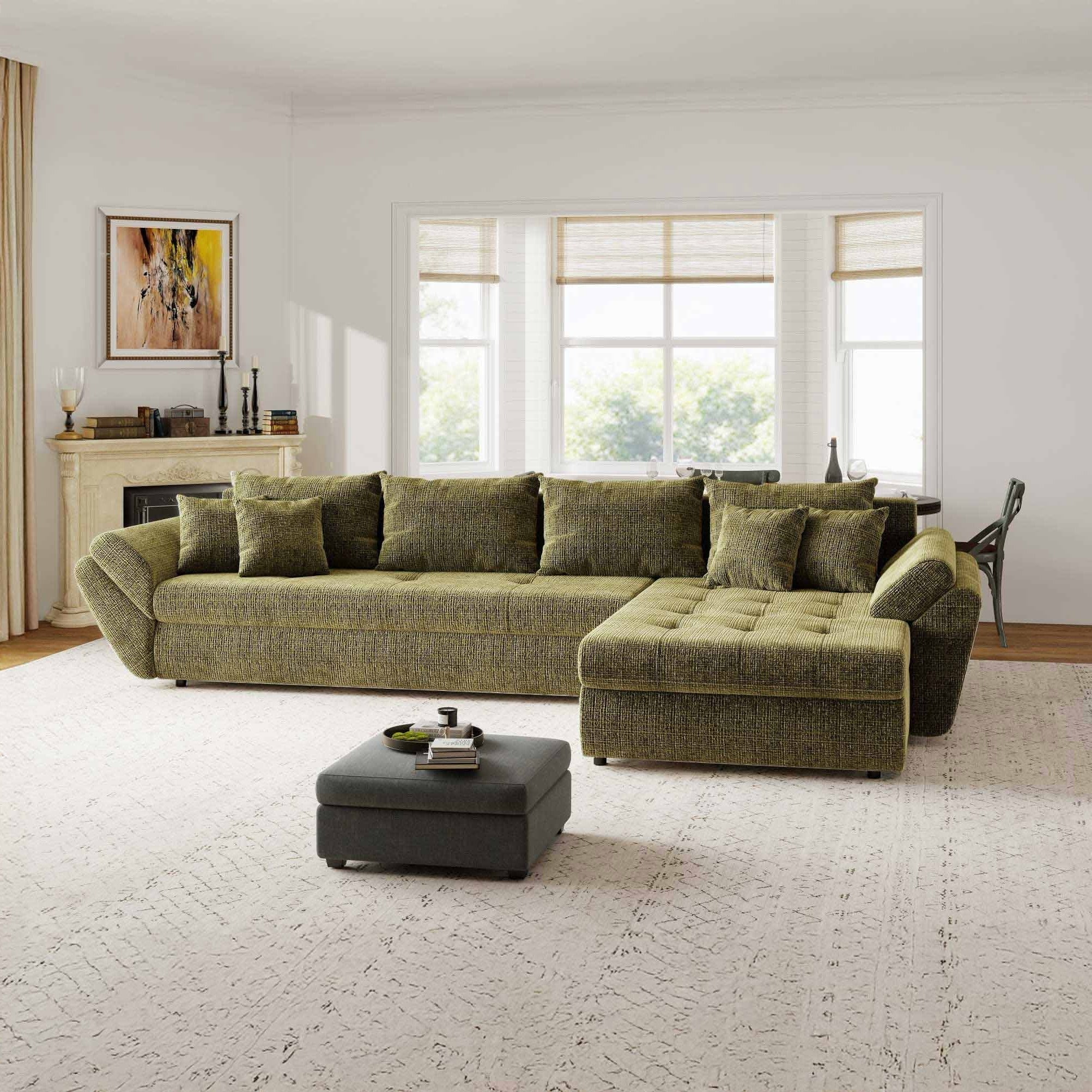 Colțar extensibil dumonde cu ladă de depozitare si sezut confortabil din spuma high-density, Loana XL Cremona Olive II 335x185 cm