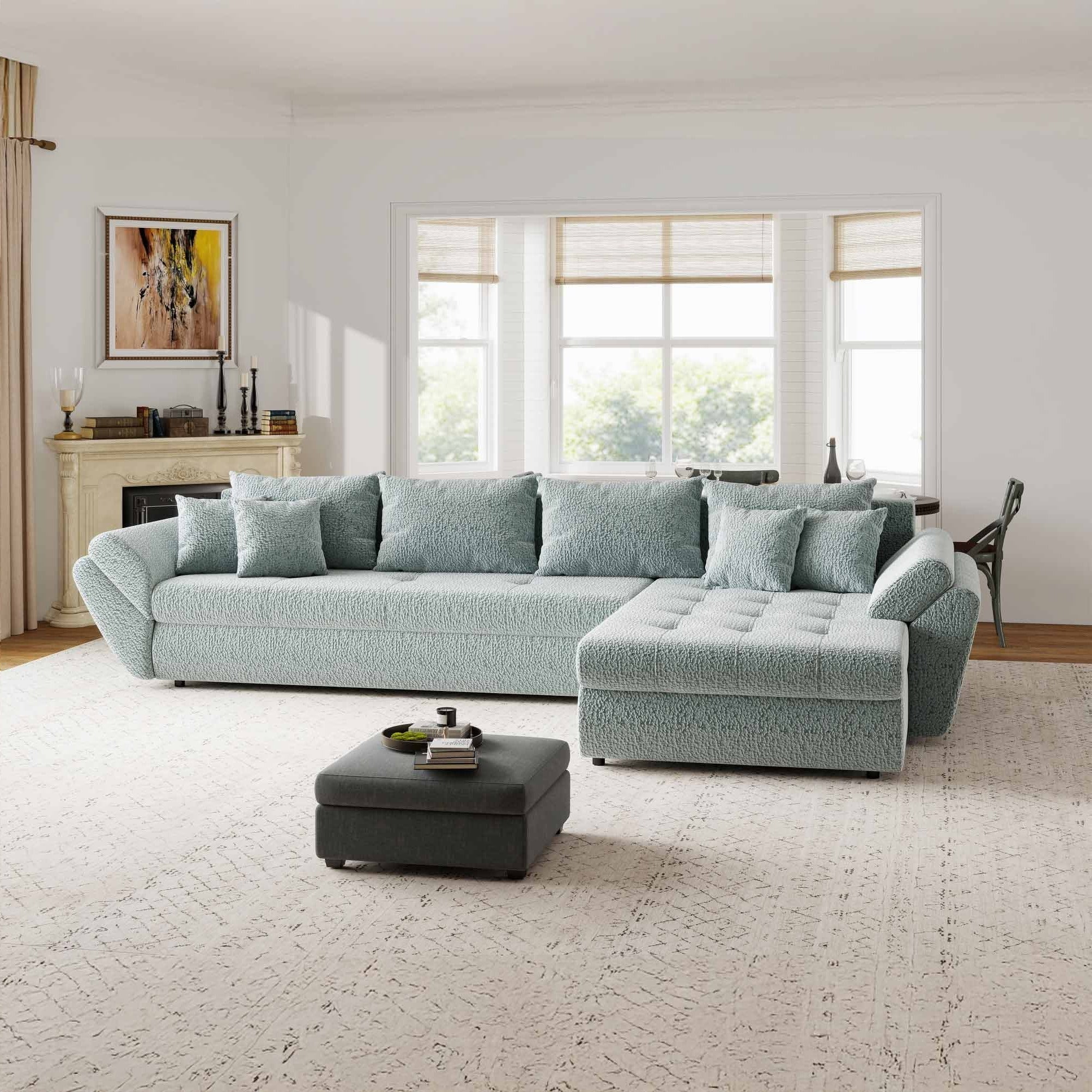 Colțar extensibil dumonde cu ladă de depozitare si sezut confortabil din spuma high-density, Loana XL Jaguar Verde Mint II 335x185 cm