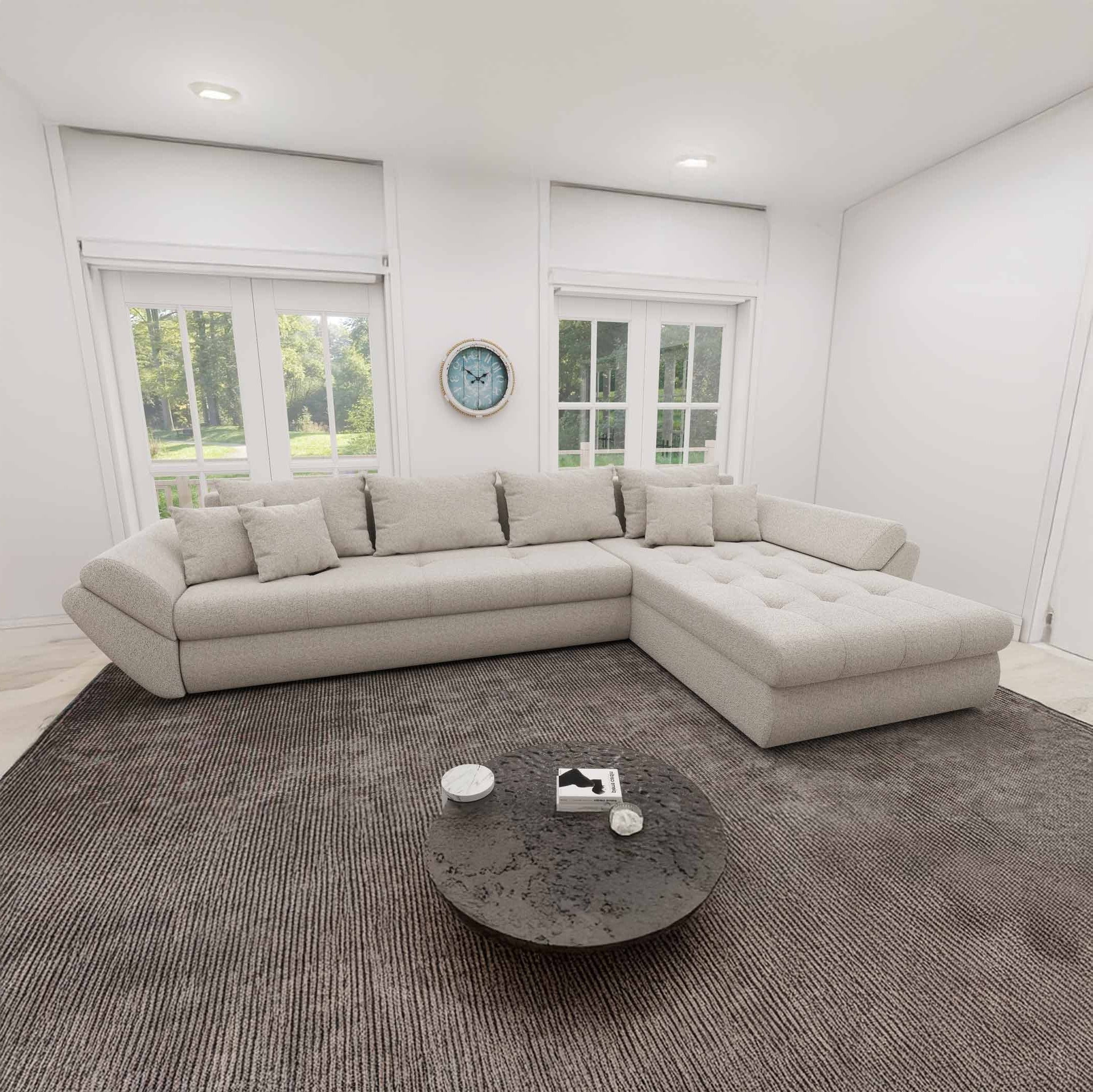 Colțar extensibil dumonde cu ladă de depozitare si sezut confortabil din spuma high-density, Loana XL Monte Bej II 335x185 cm