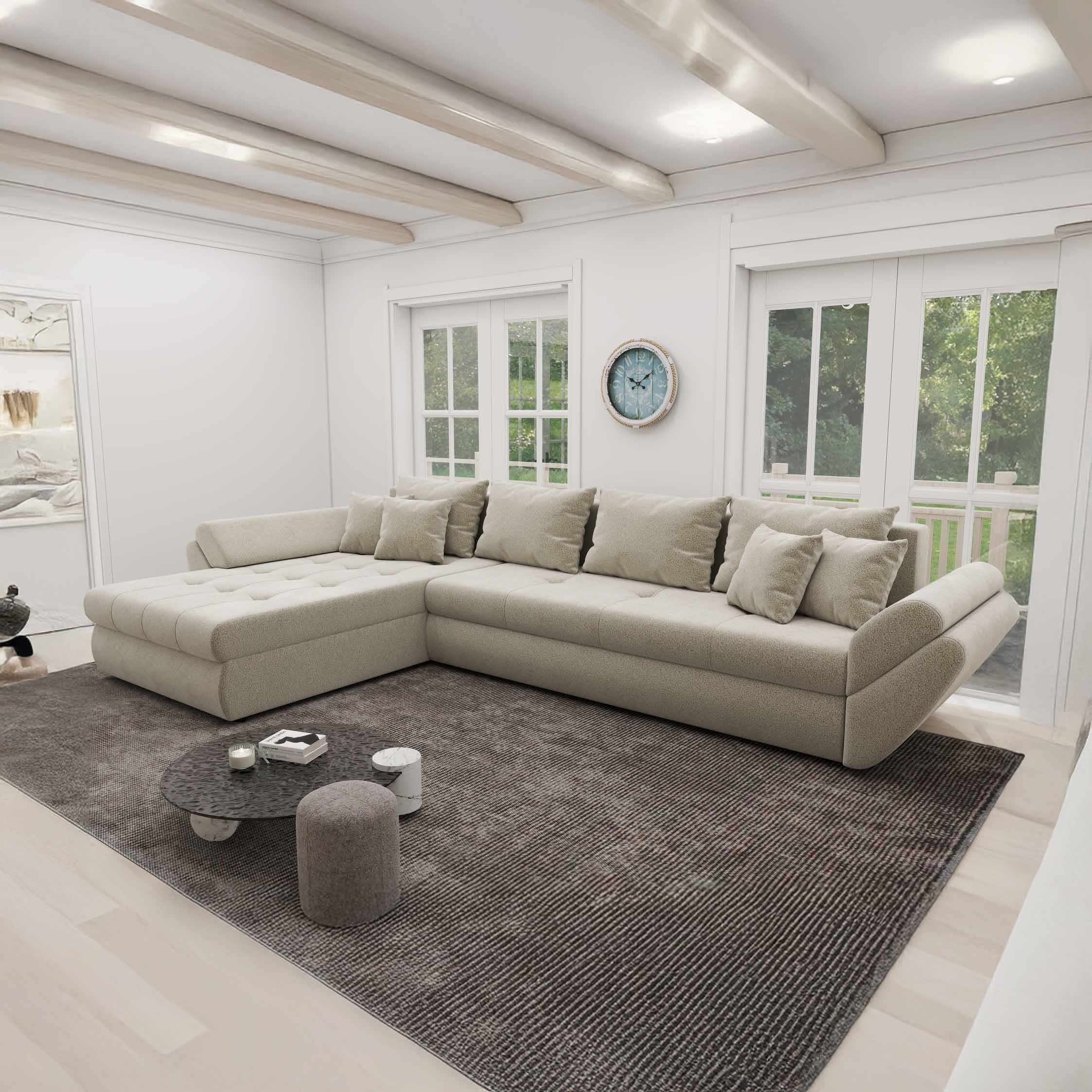 Colțar extensibil dumonde cu ladă de depozitare si sezut confortabil din spuma high-density, Loana XL Quelle Bej 02 335x185 cm