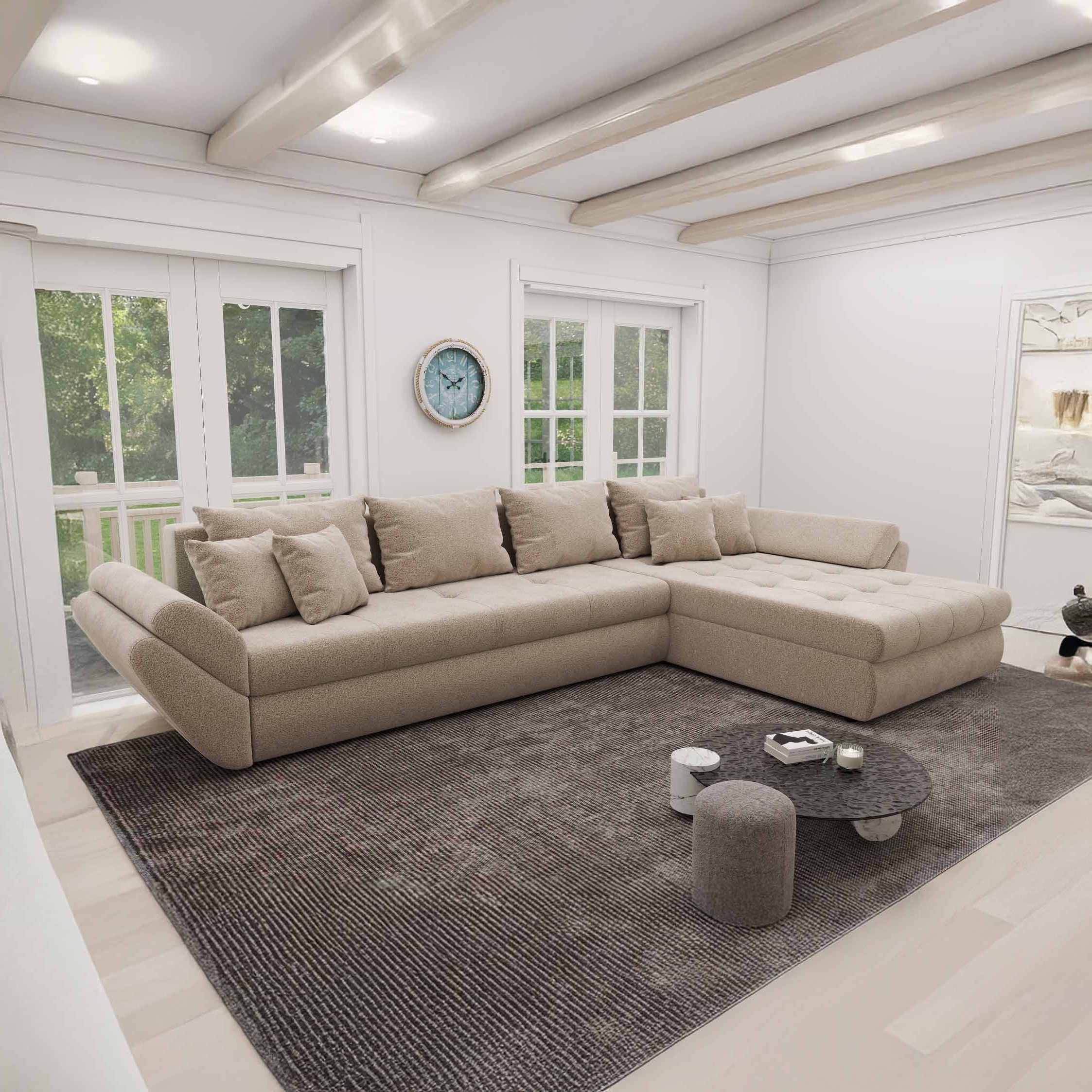 Colțar extensibil dumonde cu ladă de depozitare si sezut confortabil din spuma high-density, Loana XL Quelle Bej 05 II 335x185 cm