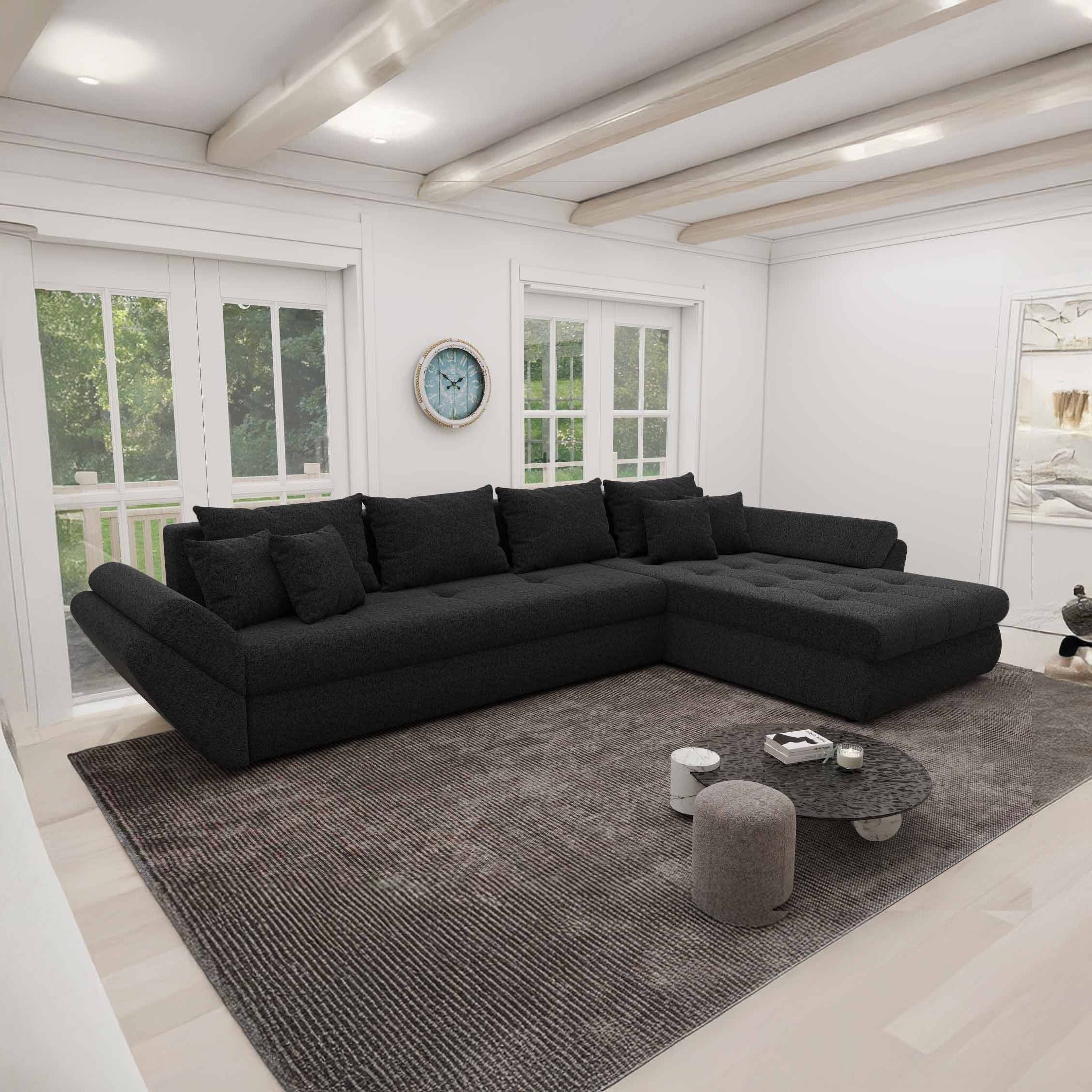 Colțar extensibil dumonde cu ladă de depozitare si sezut confortabil din spuma high-density, Loana XL Quelle Negru II 335x185 cm