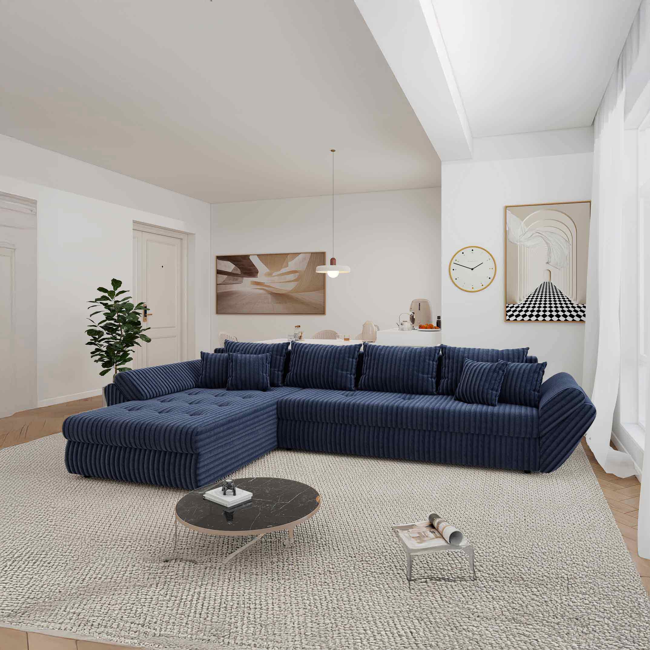 Colțar extensibil dumonde cu ladă de depozitare si sezut confortabil din spuma high-density, Loana XL Tilia Albastru 335x185 cm