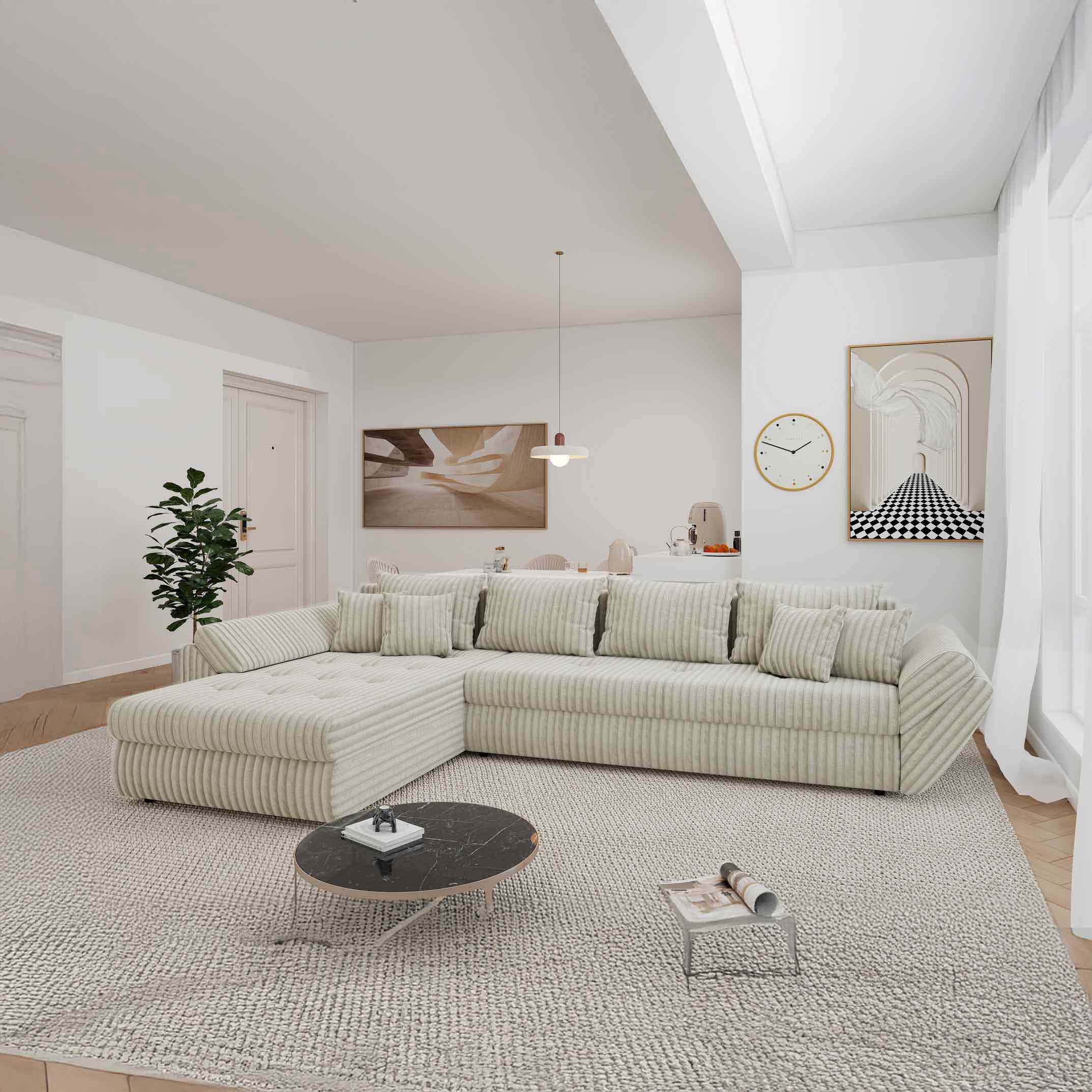 Colțar extensibil dumonde cu ladă de depozitare si sezut confortabil din spuma high-density, Loana XL Tilia Gri- Bej 335x185 cm