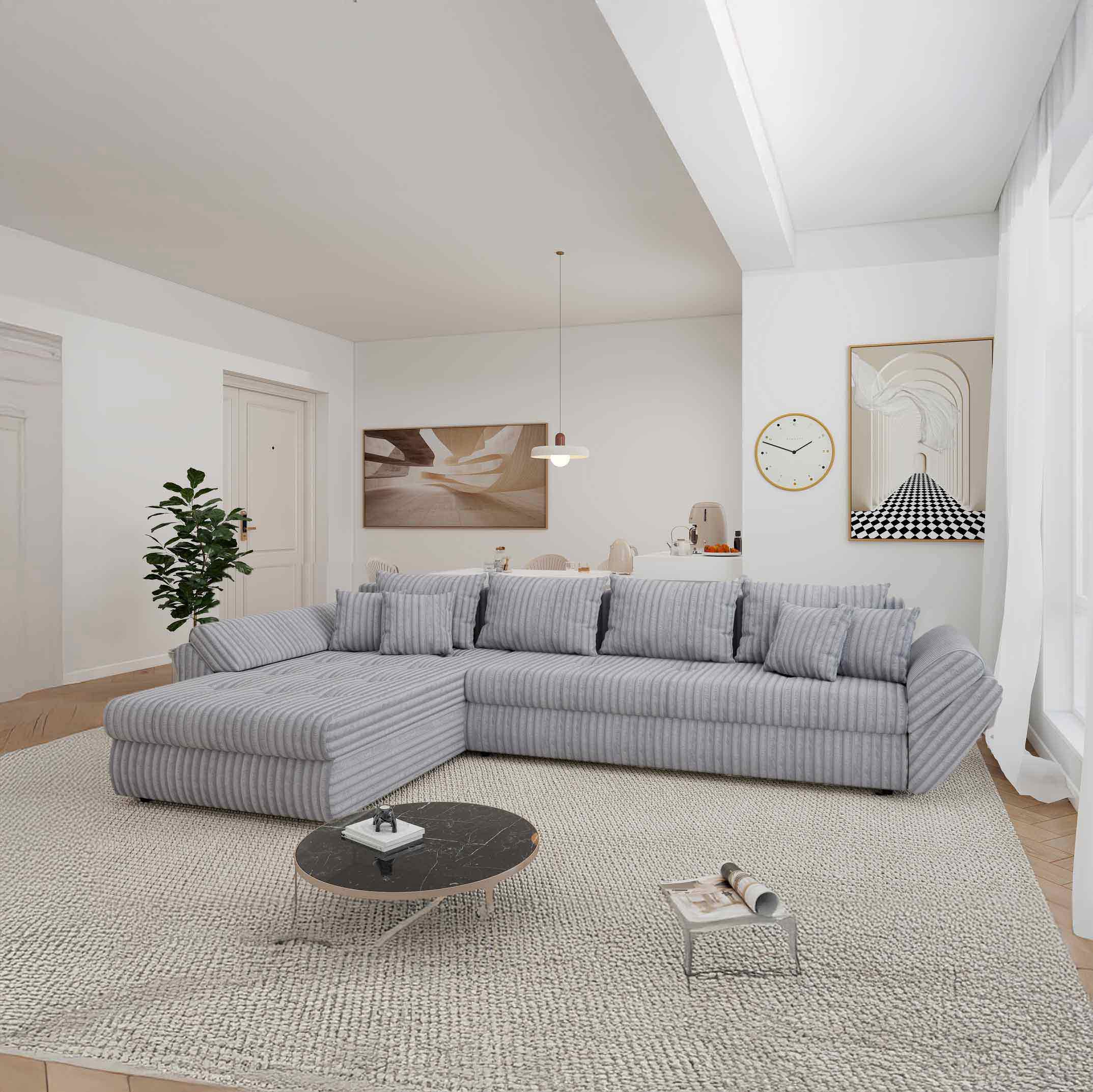 Colțar extensibil dumonde cu ladă de depozitare si sezut confortabil din spuma high-density, Loana XL Tilia Gri 86 335x185 cm