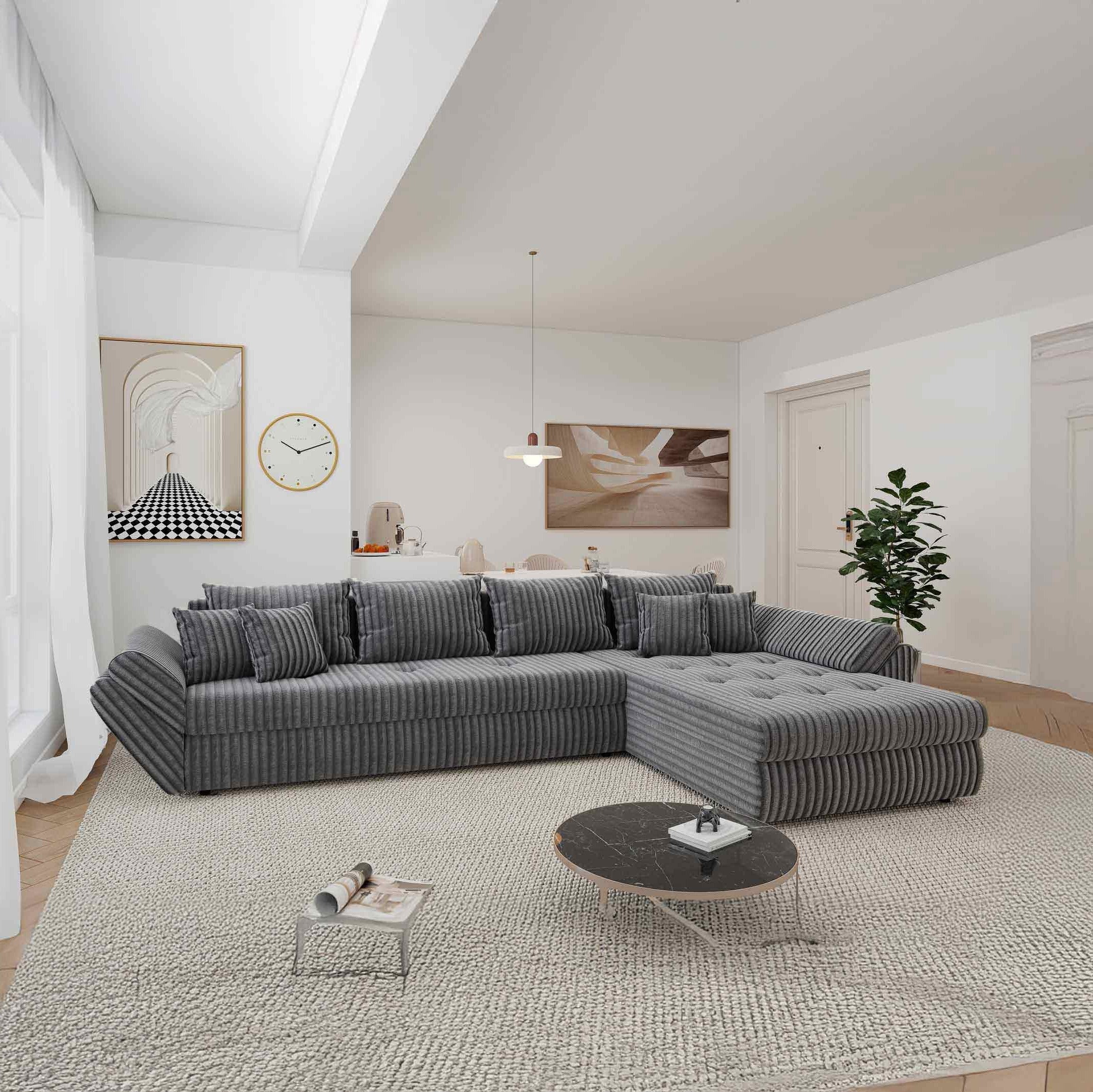 Colțar extensibil dumonde cu ladă de depozitare si sezut confortabil din spuma high-density, Loana XL Tilia Gri 90 II 335x185 cm