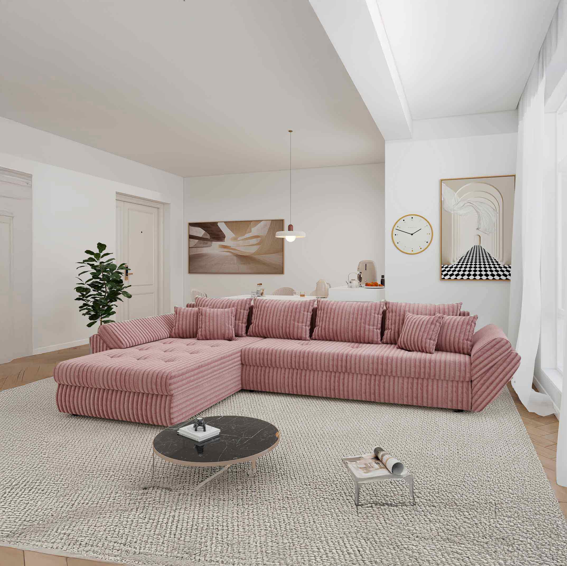 Colțar extensibil dumonde cu ladă de depozitare si sezut confortabil din spuma high-density, Loana XL Tilia Roz Pudrat 335x185 cm