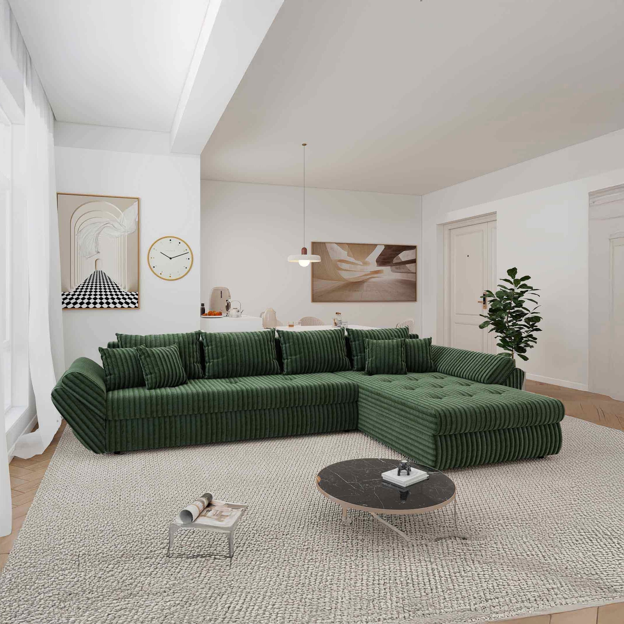 Colțar extensibil dumonde cu ladă de depozitare si sezut confortabil din spuma high-density, Loana XL Tilia Verde II 335x185 cm