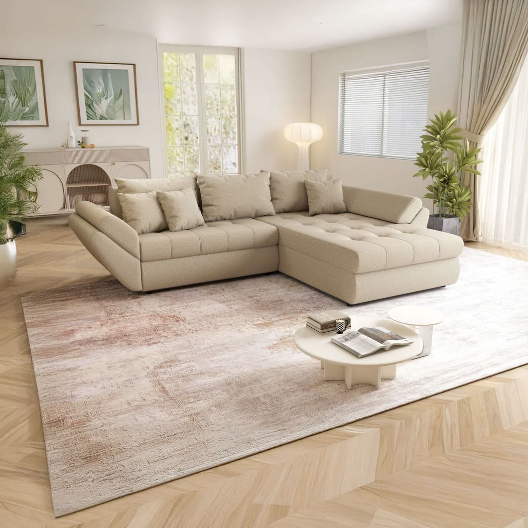 Colțar extensibil dumonde cu ladă de depozitare si sezut confortabil din spuma HR, Loana Enjoy Camel II 270x185 cm Fabrica