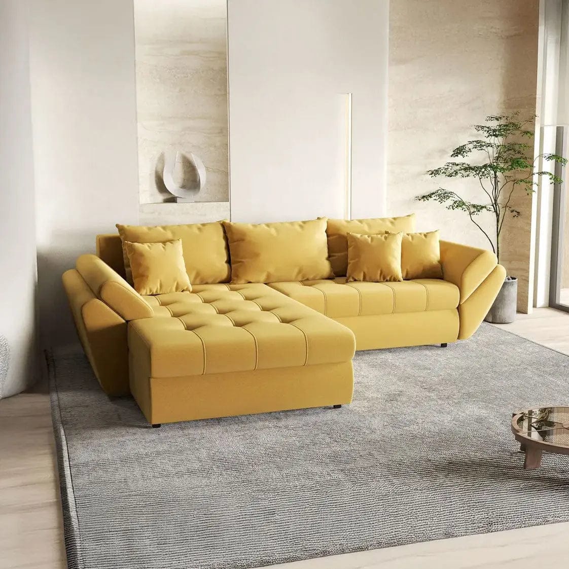 Colțar extensibil dumonde cu ladă de depozitare si sezut confortabil din spuma HR, Loana Royal Muștar 270x185 cm Fabrica