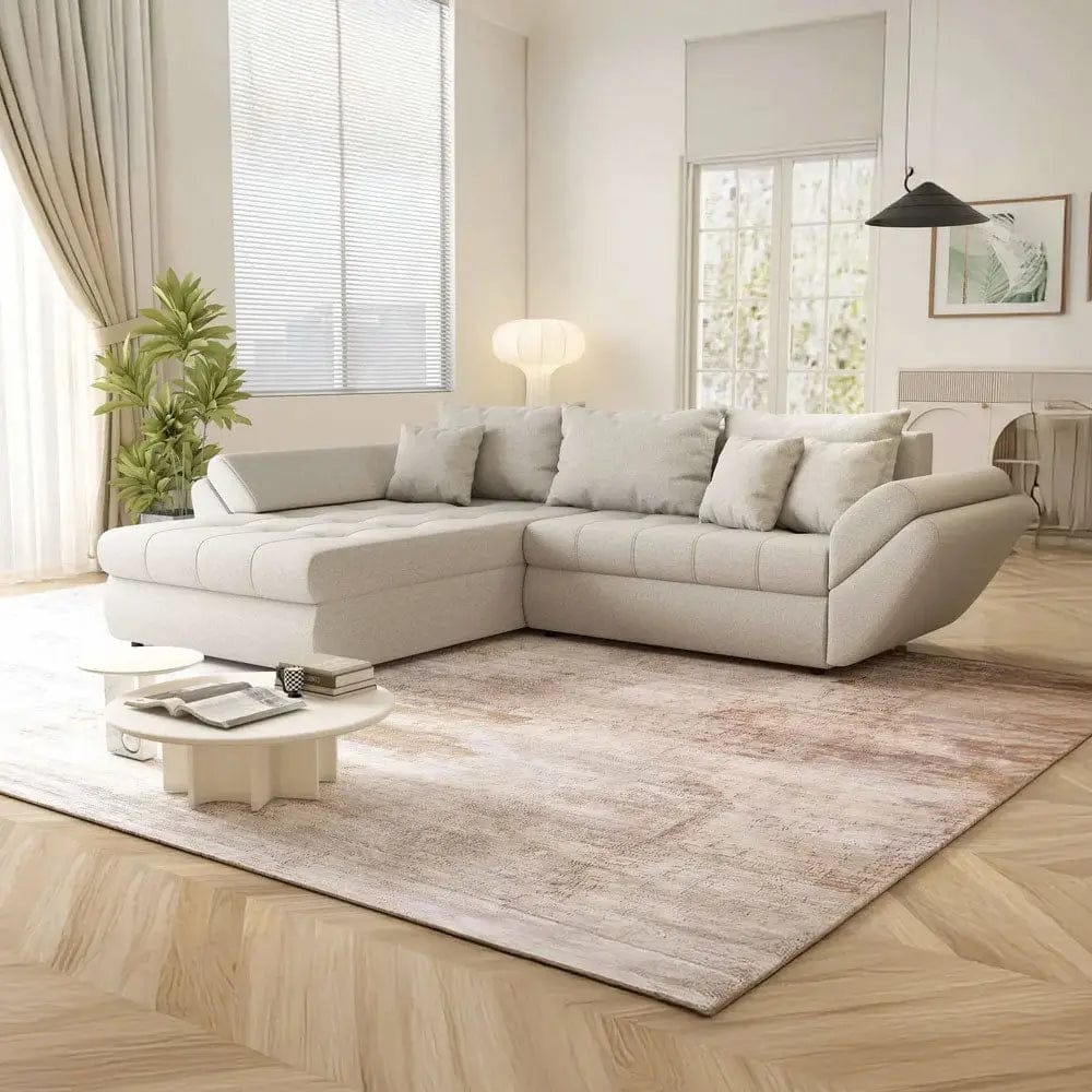 Colțar extensibil dumonde cu ladă de depozitare si sezut confortabil din spuma HR, Loana Enjoy Bej 270x185 cm Fabrica
