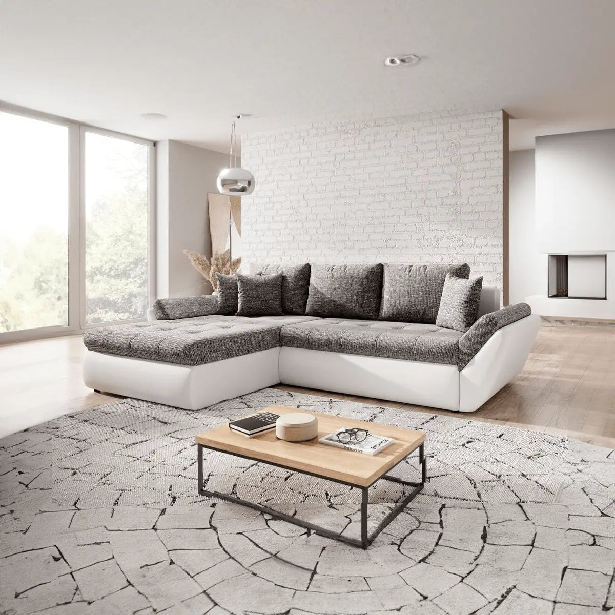 Colțar extensibil dumonde cu ladă de depozitare si sezut confortabil din spuma high-density, Loana Magma White II 275x185 cm