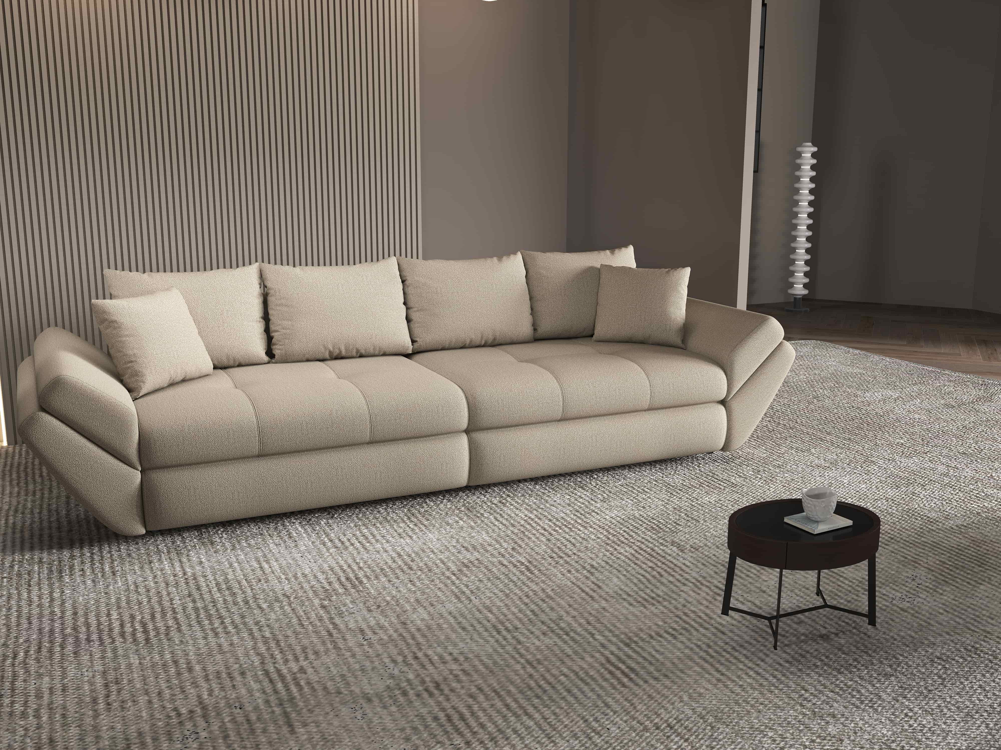 Canapea extensibilă dumonde cu ladă de depozitare si sezut confortabil din spuma HR, Loana Enjoy Camel 300x100 cm Fabrica