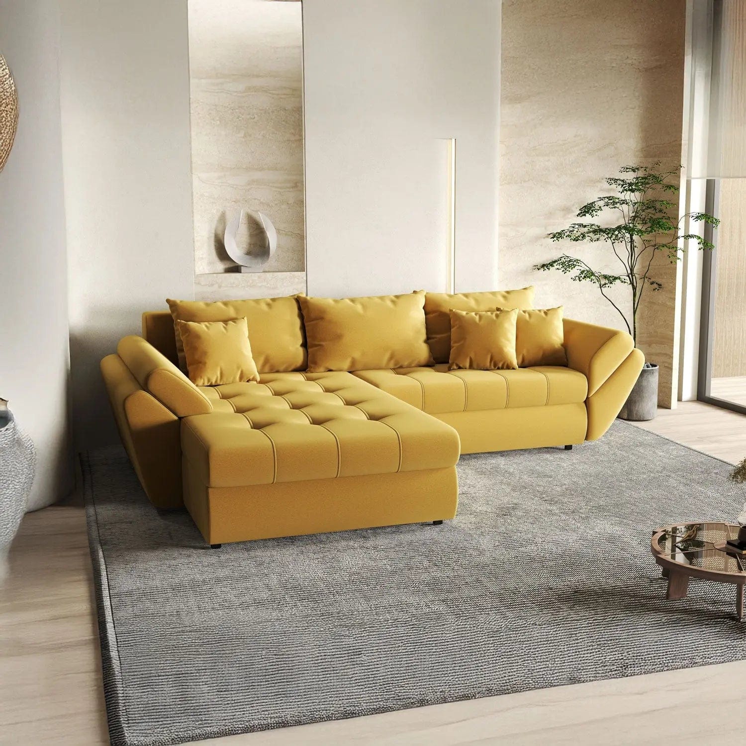 Colțar extensibil dumonde cu ladă de depozitare si sezut confortabil din spuma HR, Loana Muștar 270x185 cm Fabrica