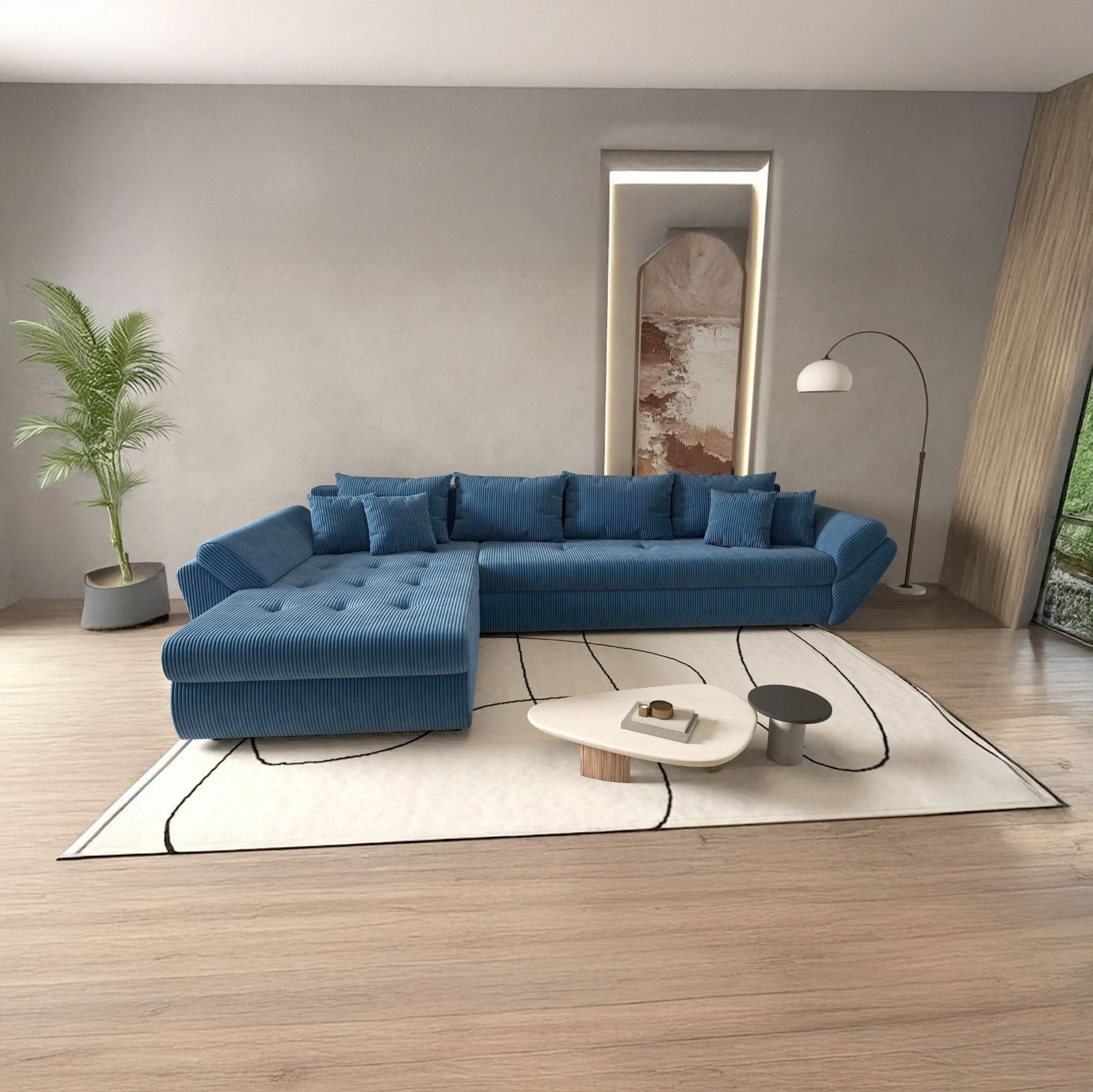 Colțar extensibil dumonde cu ladă de depozitare si sezut confortabil din spuma HR, Loana XL Zoom Albastru 335x185 cm Fabrica