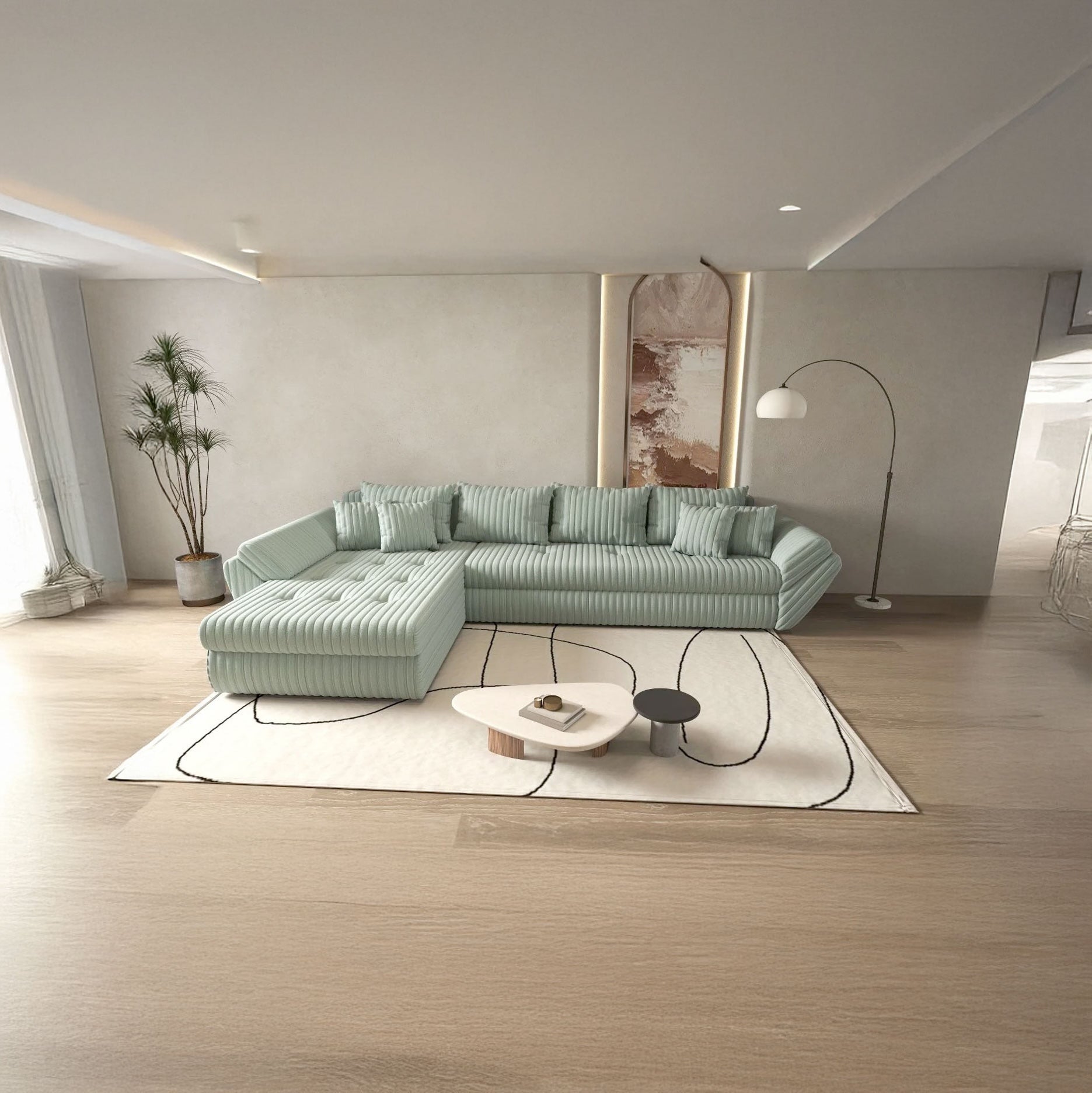 Colțar extensibil dumonde cu ladă de depozitare si sezut confortabil din spuma HR, Loana XL Ambience Mint 335x185 cm Fabrica