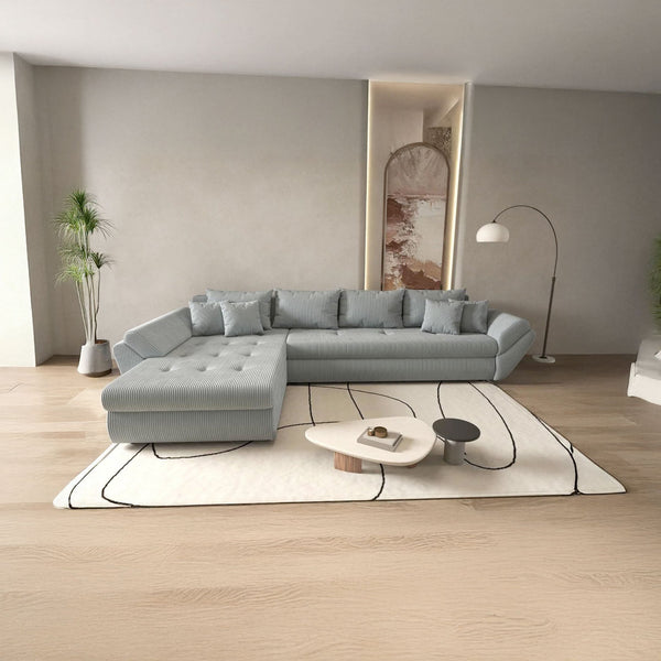 Kinyitható kanapé lábtartóval és tárolóval, kényelmes, nagy sűrűségű hab ülőfelülettel, Loana XL Zoom Grey 335x185 cm
