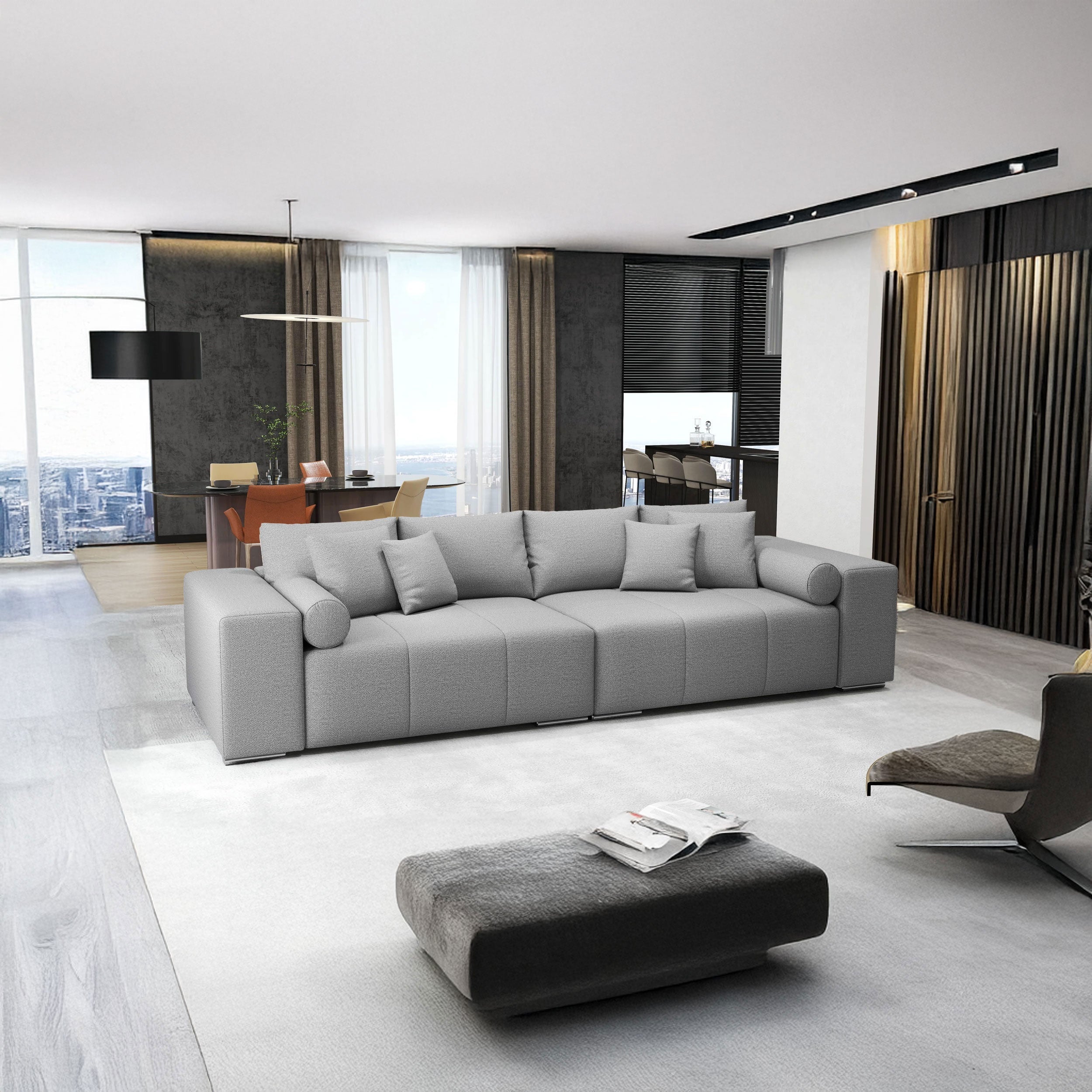 Canapea extensibilă dumonde cu ladă de depozitare si sezut confortabil din spuma HR, Marbela Enjoy Grey XXL 295x100 cm fabrica