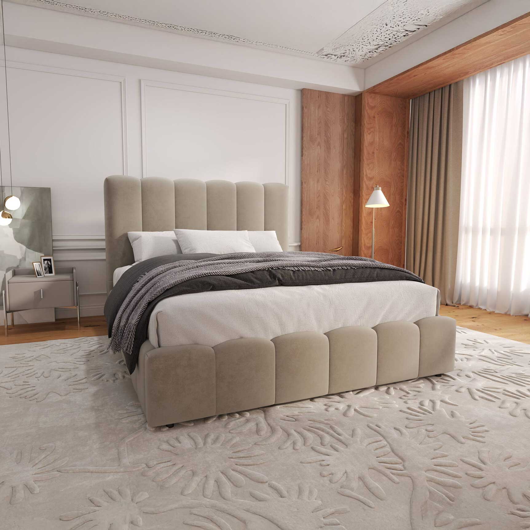 Dumonde hálószobai ágy, bézs kárpitozott, Milano 180x200 cm, felnyitható ágyráccsal, tárolórekesszel