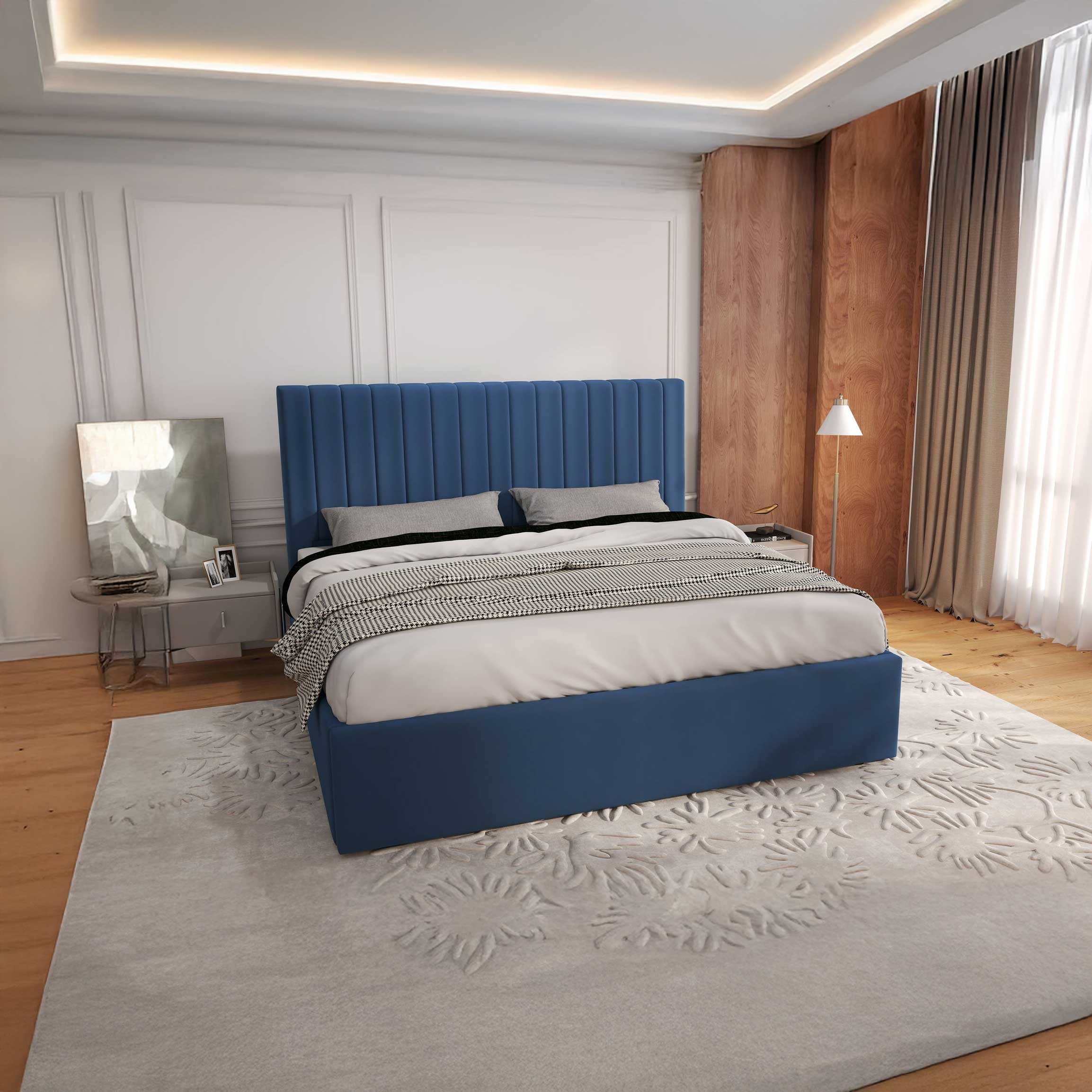 Dumonde hálószoba ágy, kék kárpitozott, Milano 180x200 cm, felnyitható ágyráccsal, tárolóhellyel