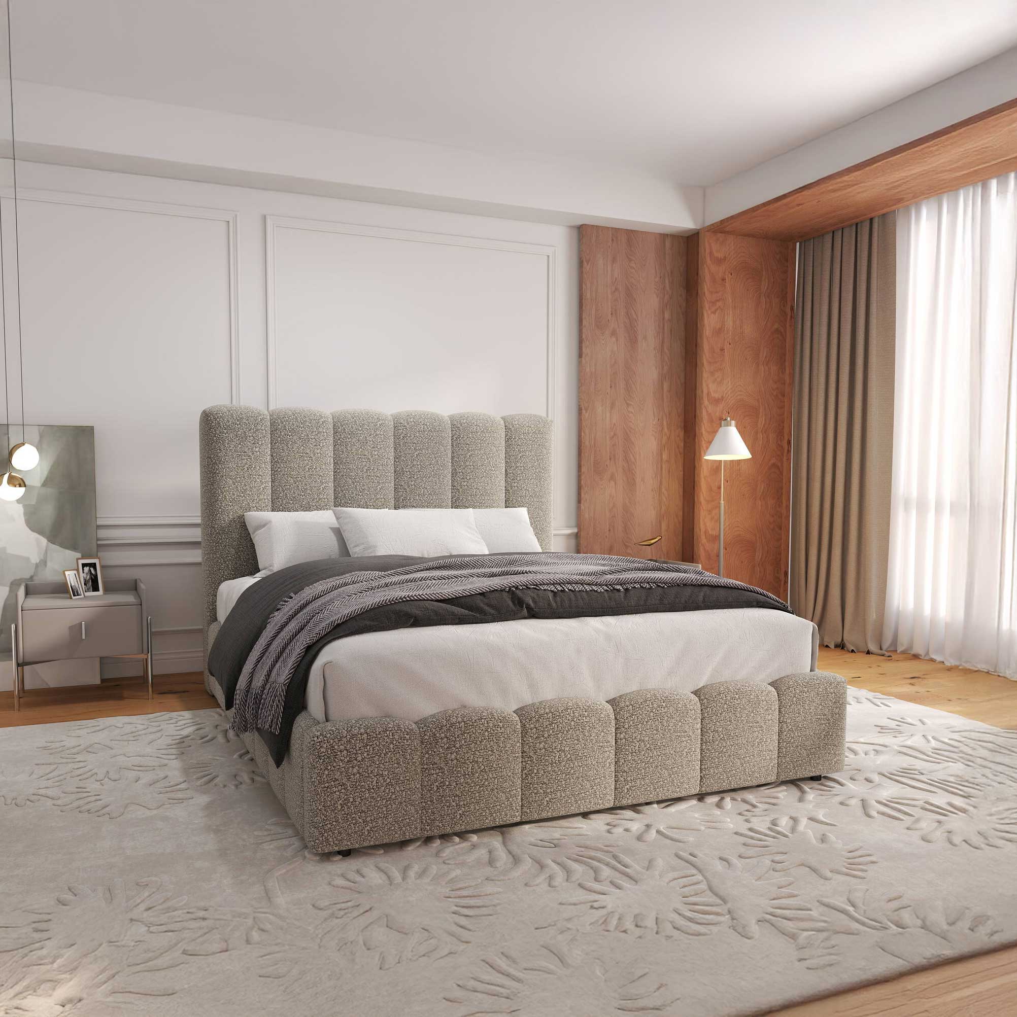 Dumonde hálószoba ágy, bézs kárpitozott, Milano 160x200 cm, felnyitható ágyráccsal, tárolóhellyel