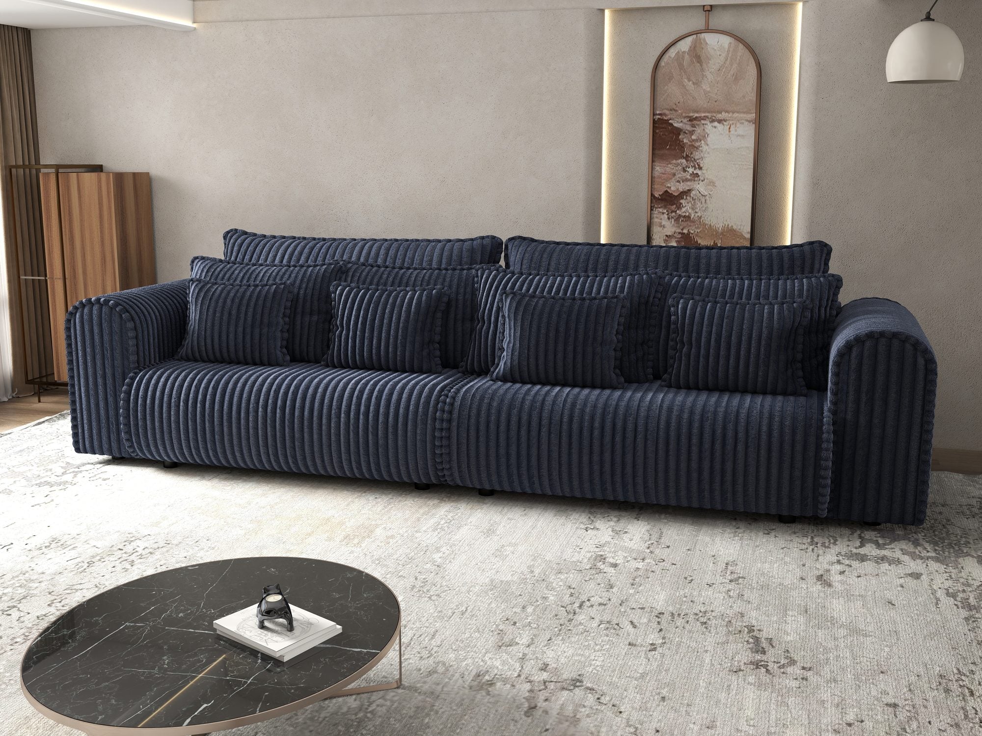 Canapea extensibilă dumonde cu ladă de depozitare si sezut confortabil din spuma high-density, Monaco Tilia Albastru 300x130 cm