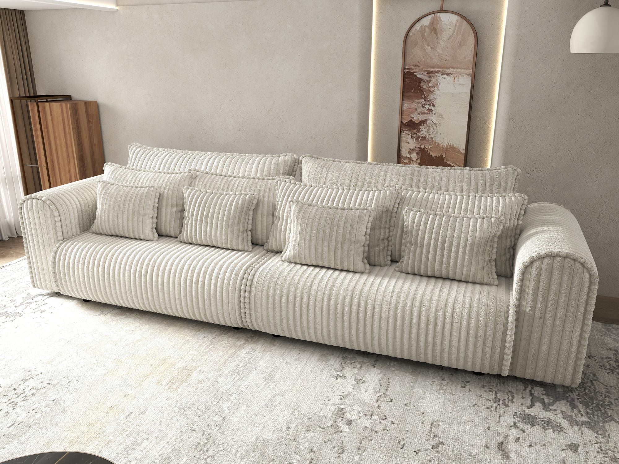 Dumonde kihúzható kanapé tárolórekesszel és kényelmes, nagy sűrűségű habszivacs ülőrésszel, Monaco Tilia Krém 300x130 cm