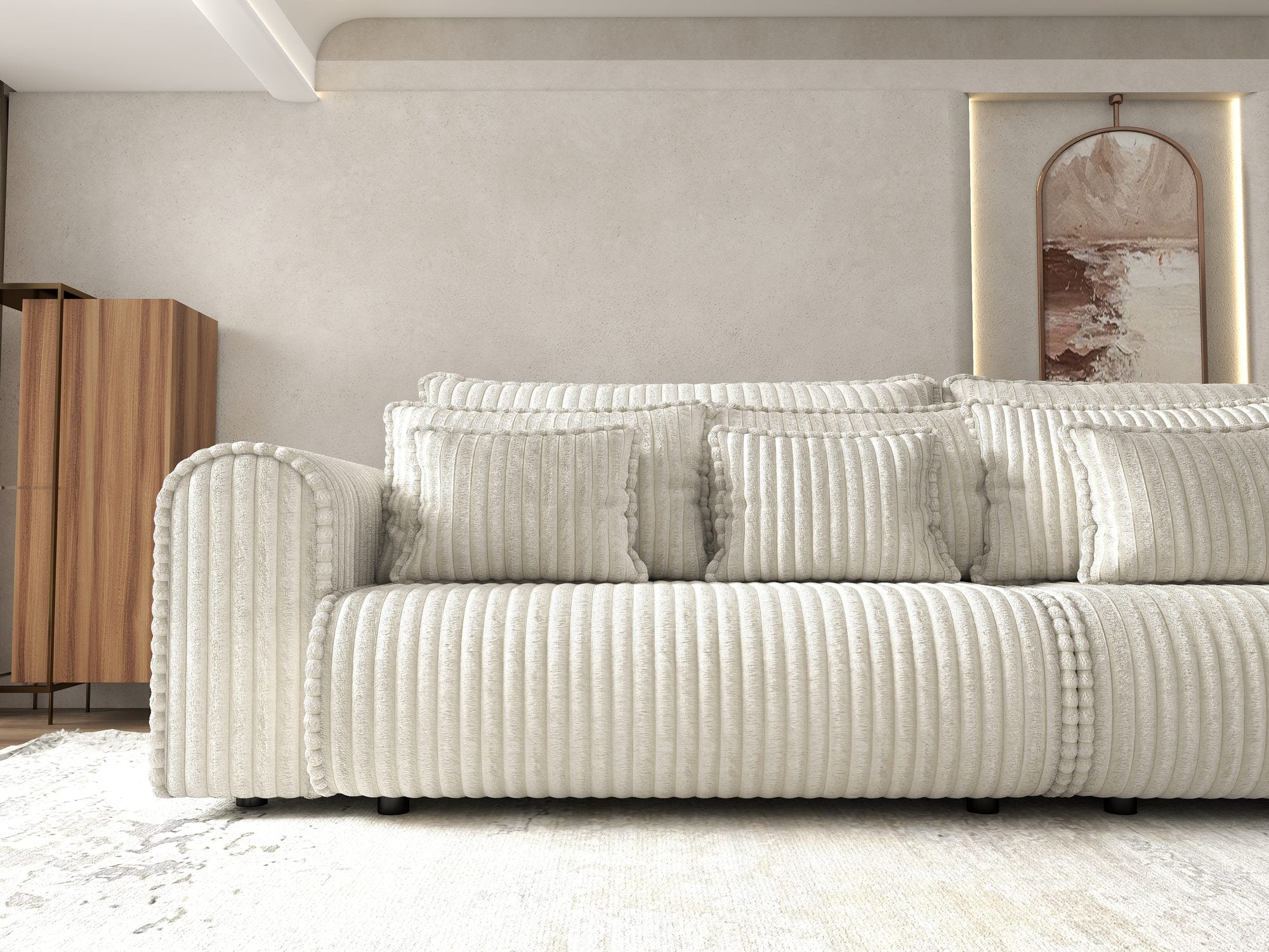 Dumonde kihúzható kanapé tárolórekesszel és kényelmes, nagy sűrűségű habszivacs ülőrésszel, Monaco Tilia Krém 300x130 cm