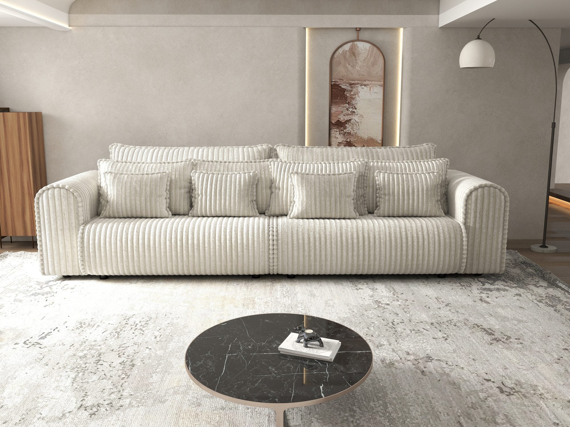 Dumonde kihúzható kanapé tárolórekesszel és kényelmes, nagy sűrűségű habszivacs ülőrésszel, Monaco Tilia Krém 300x130 cm
