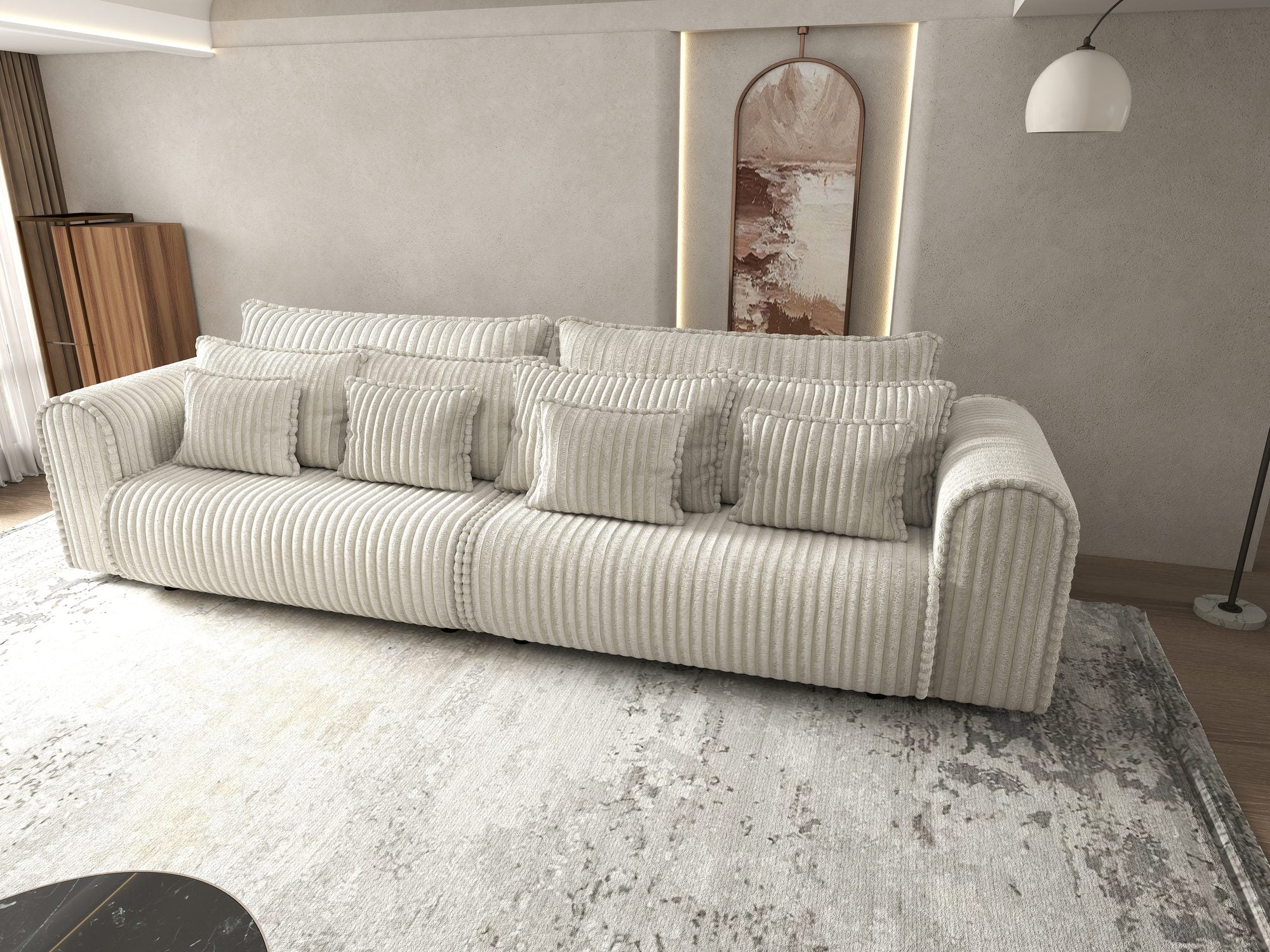 Dumonde kihúzható kanapé tárolórekesszel és kényelmes, nagy sűrűségű habszivacs ülőrésszel, Monaco Tilia Krém 300x130 cm