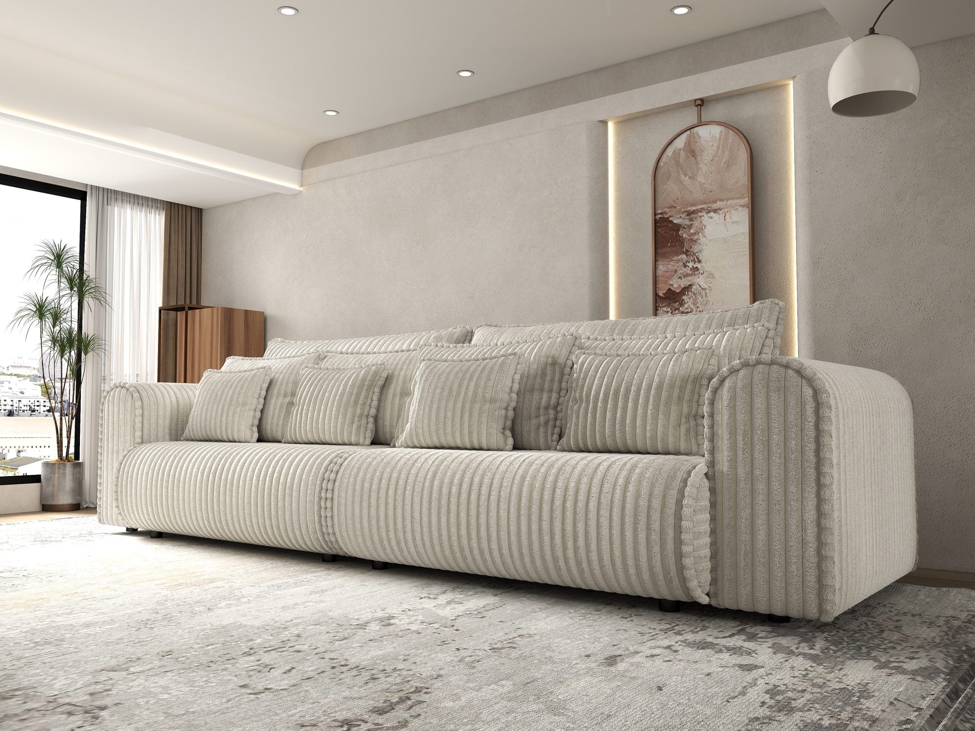 Dumonde kihúzható kanapé tárolórekesszel és kényelmes, nagy sűrűségű habszivacs ülőrésszel, Monaco Tilia Krém 300x130 cm
