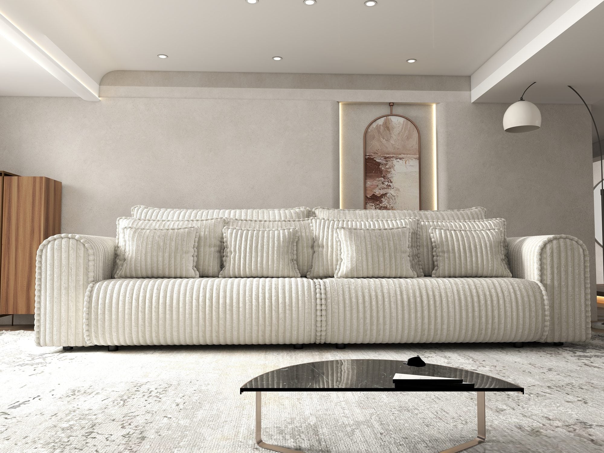 Dumonde kihúzható kanapé tárolórekesszel és kényelmes, nagy sűrűségű habszivacs ülőrésszel, Monaco Tilia Krém 300x130 cm