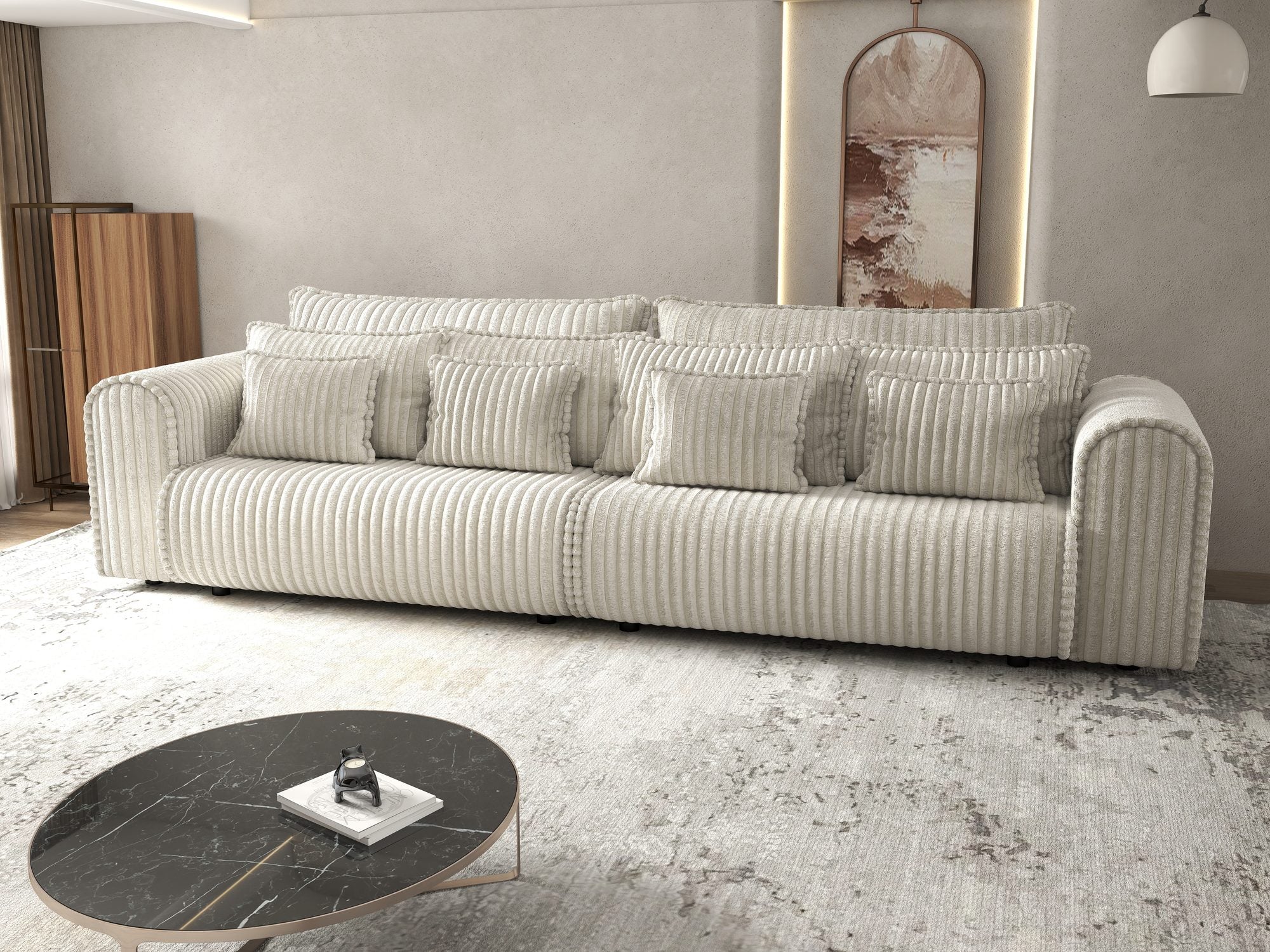 Dumonde kihúzható kanapé tárolórekesszel és kényelmes, nagy sűrűségű habszivacs ülőrésszel, Monaco Tilia Krém 300x130 cm