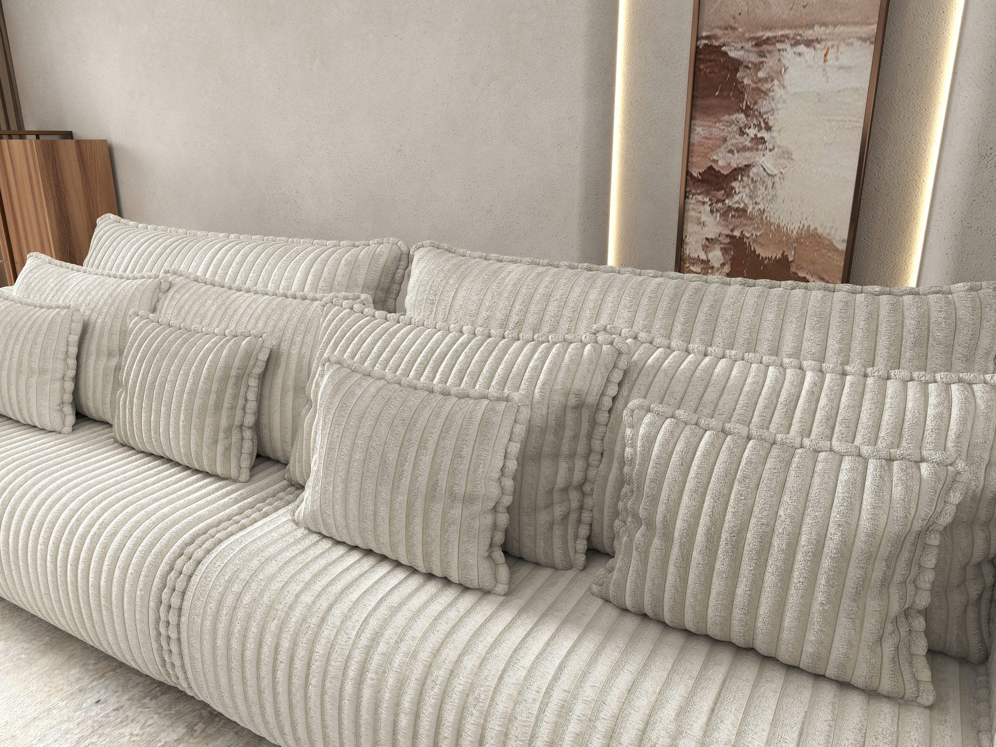 Dumonde kihúzható kanapé tárolórekesszel és kényelmes, nagy sűrűségű habszivacs ülőrésszel, Monaco Tilia Krém 300x130 cm