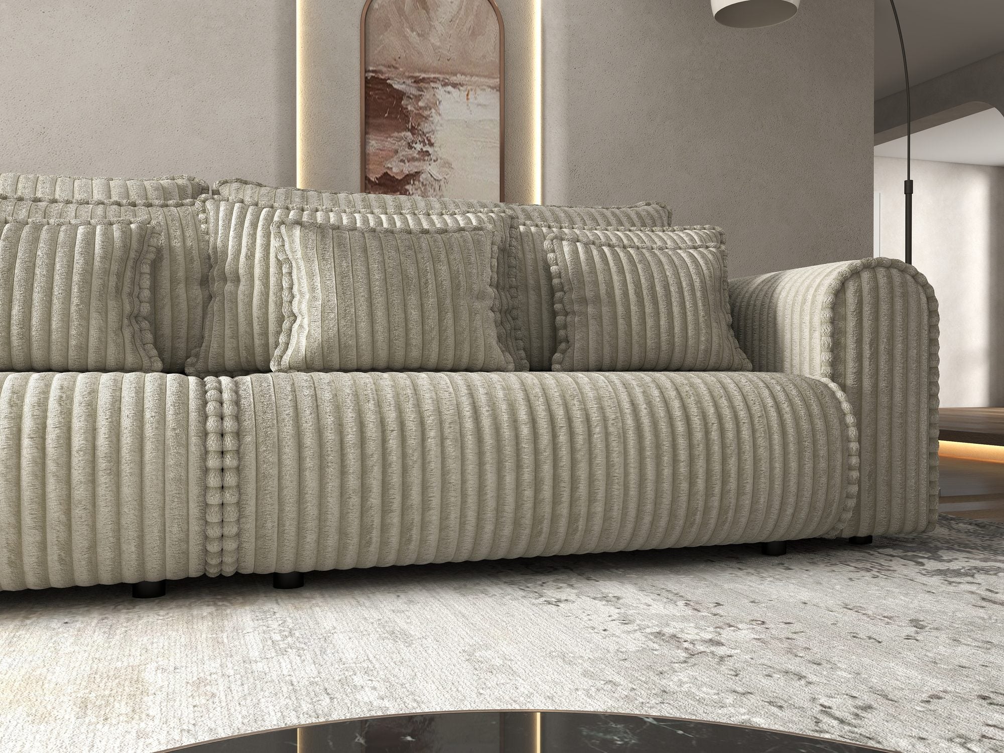 Dumonde kihúzható kanapé tároló rekesszel és kényelmes, nagy sűrűségű habszivacsból készült ülőfelülettel, Monaco Tilia Bézs 300x130 cm