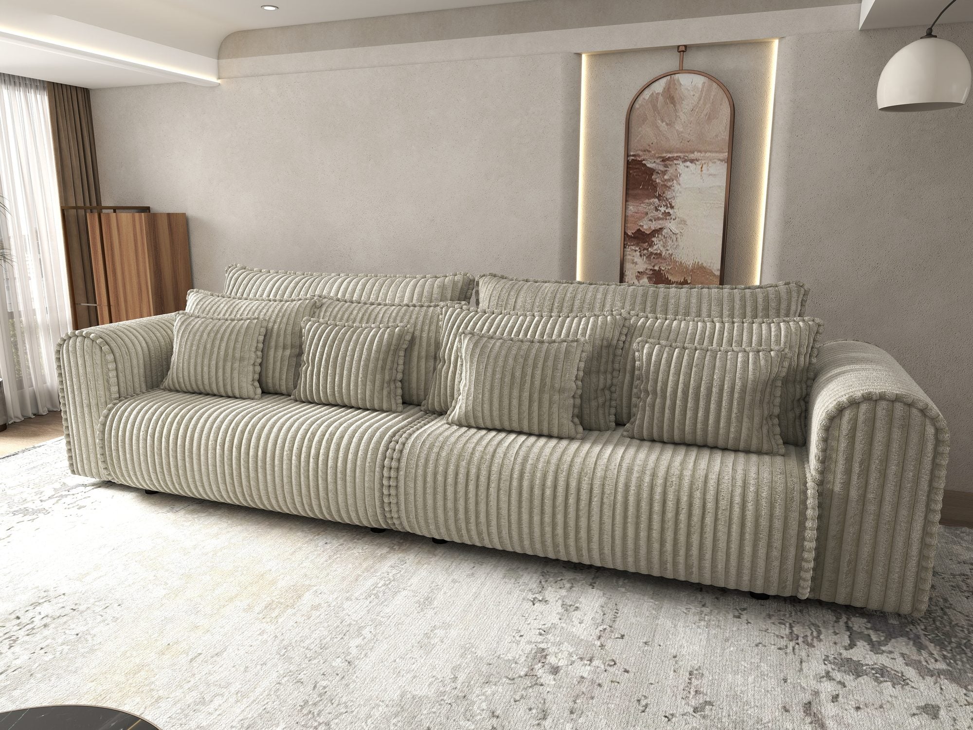 Dumonde kihúzható kanapé tároló rekesszel és kényelmes, nagy sűrűségű habszivacsból készült ülőfelülettel, Monaco Tilia Bézs 300x130 cm