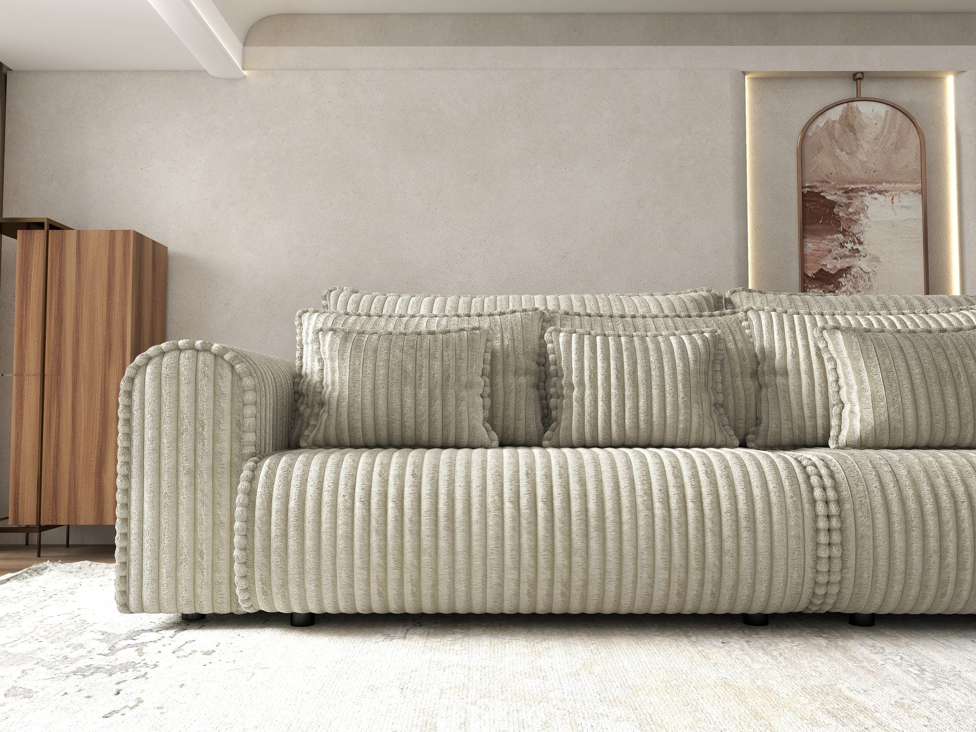 Dumonde kihúzható kanapé tároló rekesszel és kényelmes, nagy sűrűségű habszivacsból készült ülőfelülettel, Monaco Tilia Bézs 300x130 cm