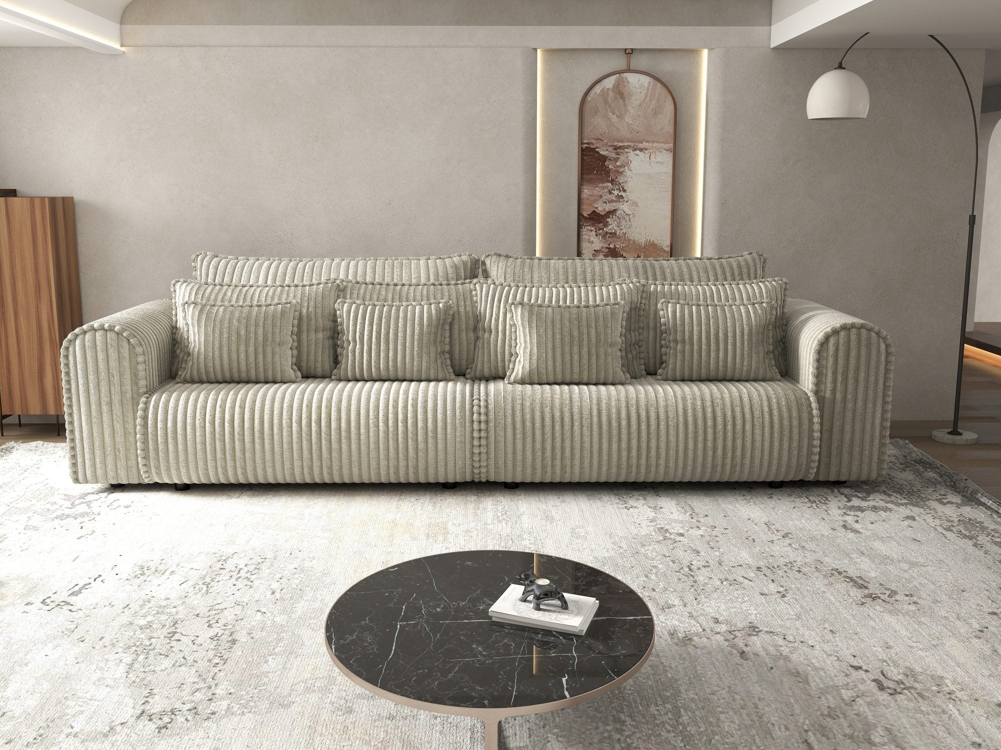 Dumonde kihúzható kanapé tároló rekesszel és kényelmes, nagy sűrűségű habszivacsból készült ülőfelülettel, Monaco Tilia Bézs 300x130 cm