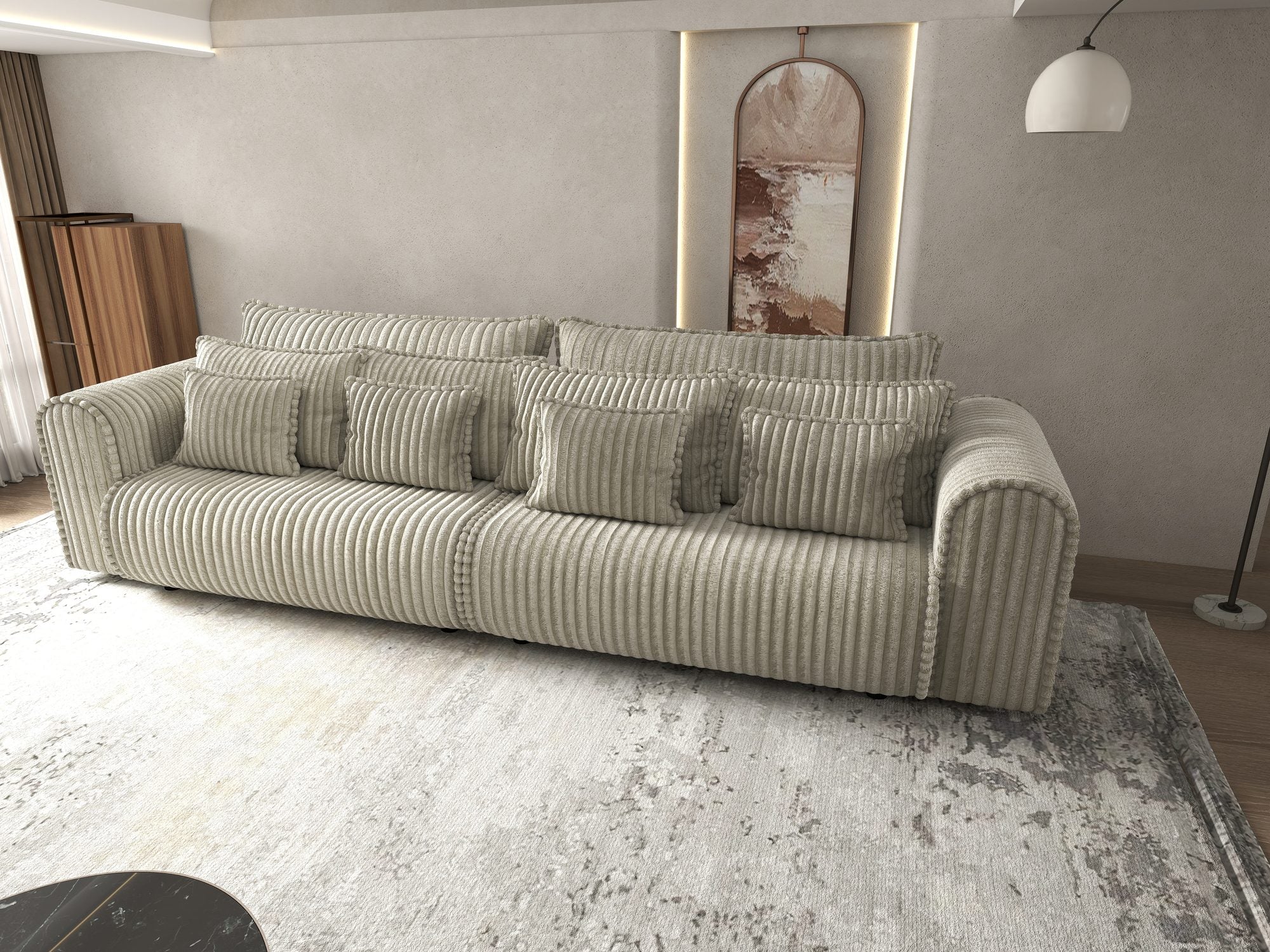 Dumonde kihúzható kanapé tároló rekesszel és kényelmes, nagy sűrűségű habszivacsból készült ülőfelülettel, Monaco Tilia Bézs 300x130 cm