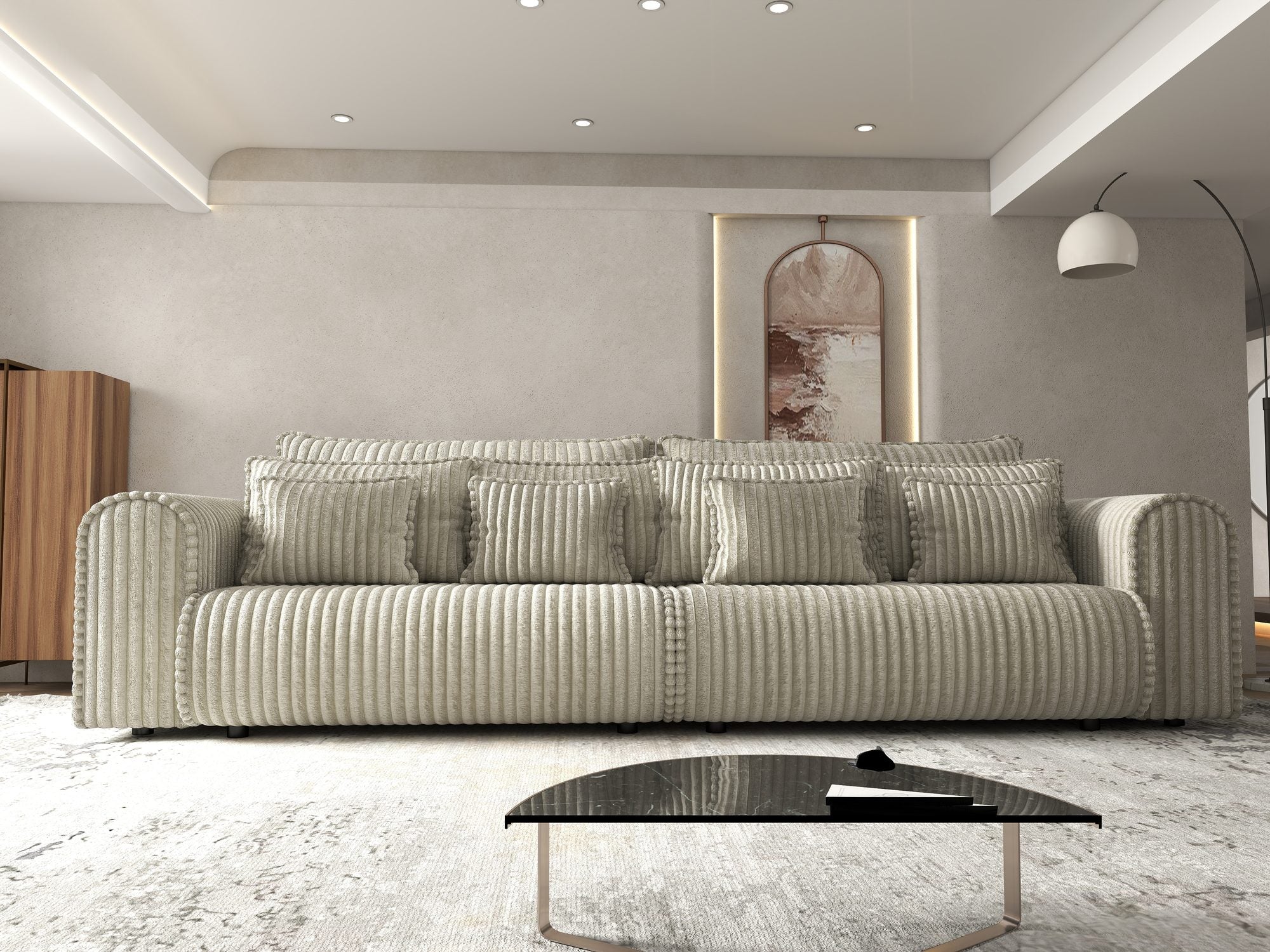 Dumonde kihúzható kanapé tároló rekesszel és kényelmes, nagy sűrűségű habszivacsból készült ülőfelülettel, Monaco Tilia Bézs 300x130 cm