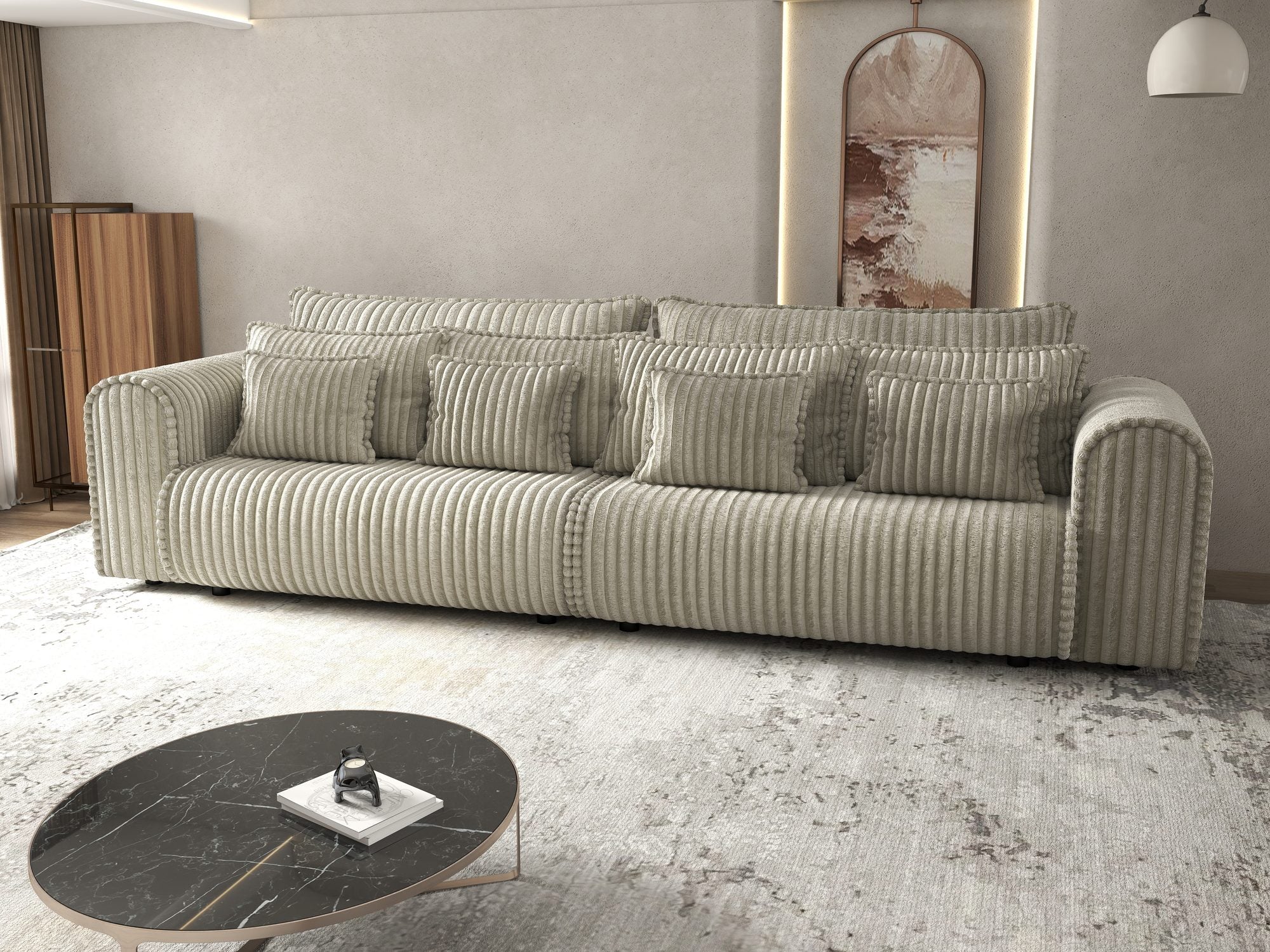 Dumonde kihúzható kanapé tároló rekesszel és kényelmes, nagy sűrűségű habszivacsból készült ülőfelülettel, Monaco Tilia Bézs 300x130 cm