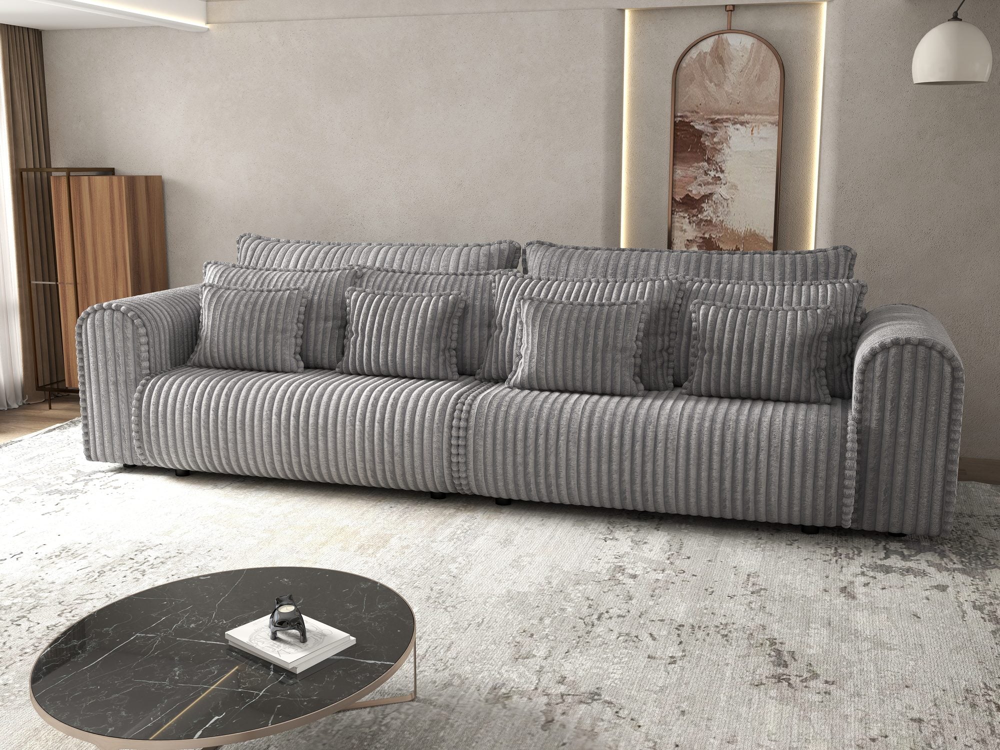 Canapea extensibilă dumonde cu ladă de depozitare si sezut confortabil din spuma high-density, Monaco Tilia Gri 300x130 cm